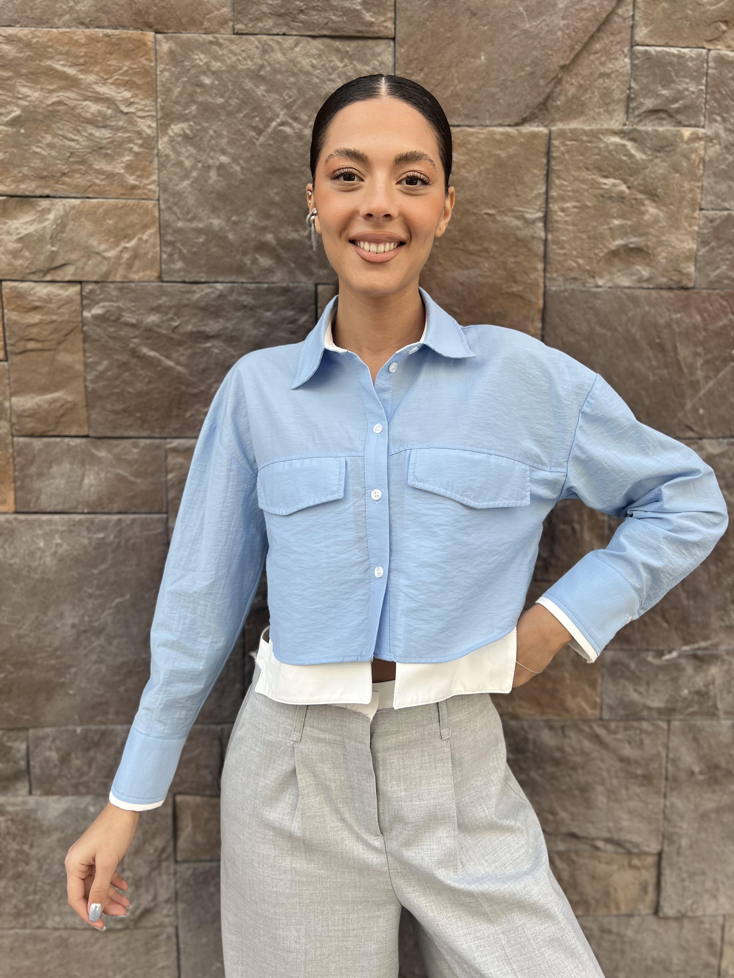 Cepli Crop Gömlek -Mavi 