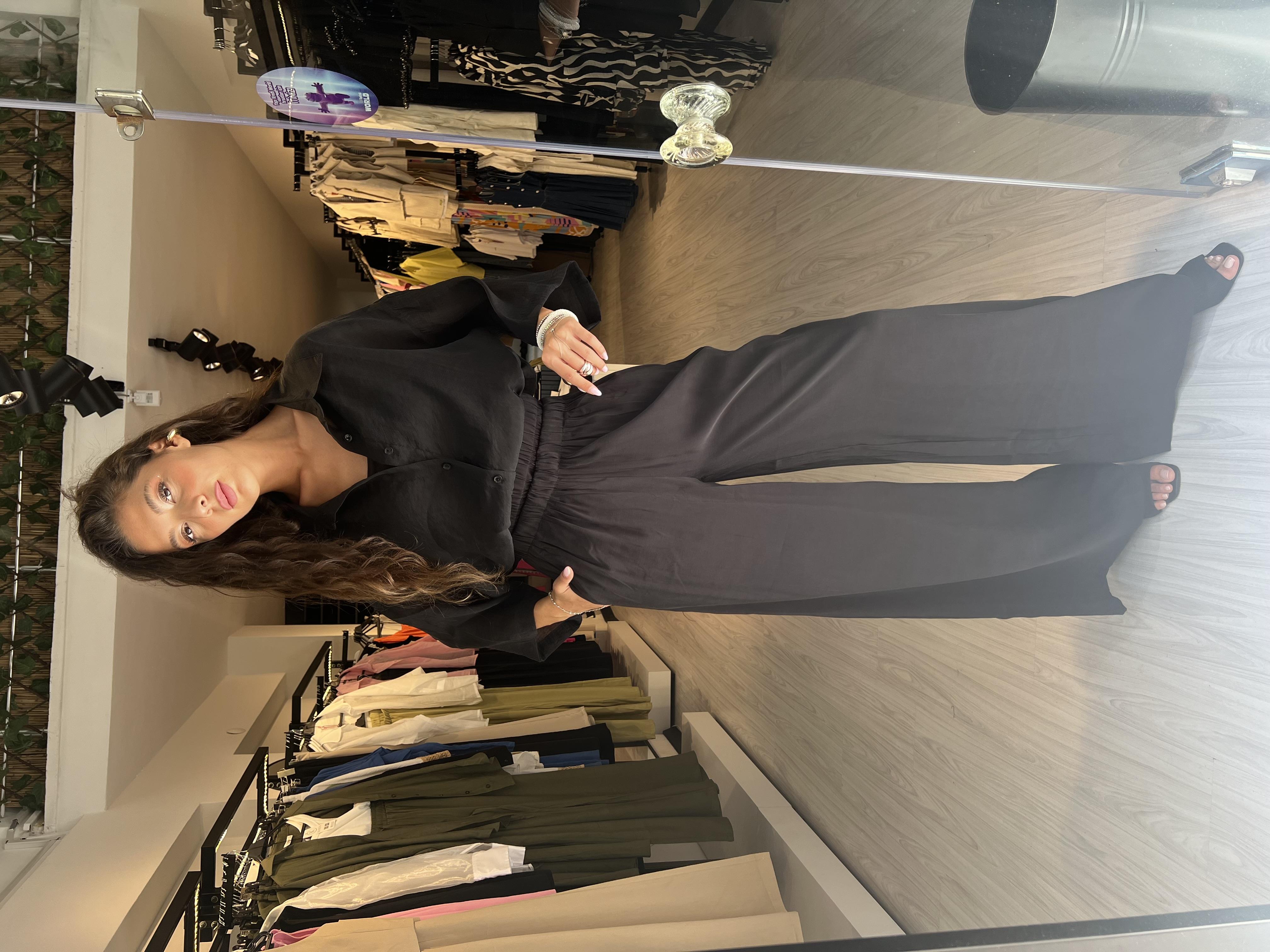 Çift Lastikli Bol Paça Pantolon-Siyah