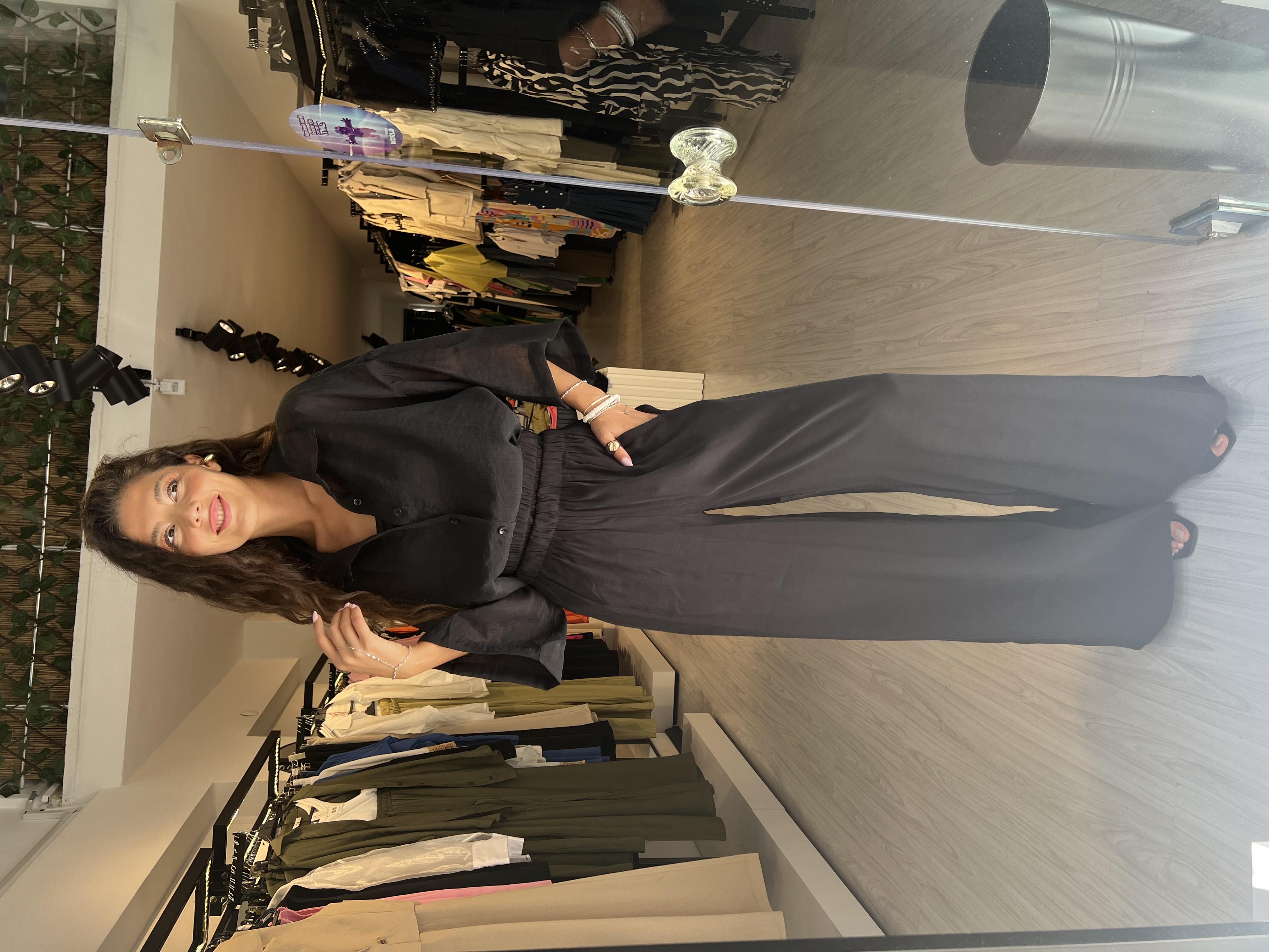 Çift Lastikli Bol Paça Pantolon-Siyah