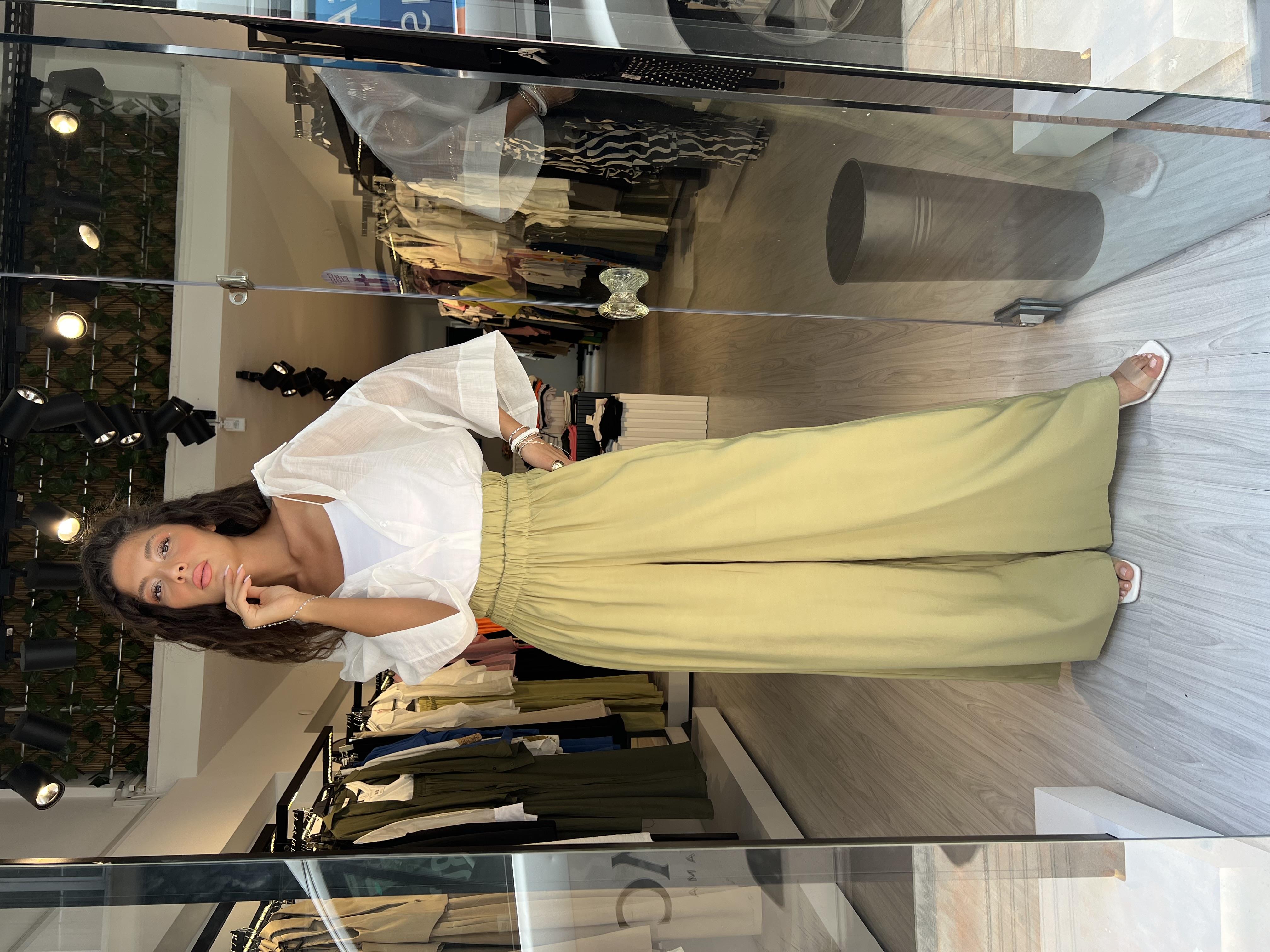 Çift Lastikli Bol Paça pantolon-Yeşil