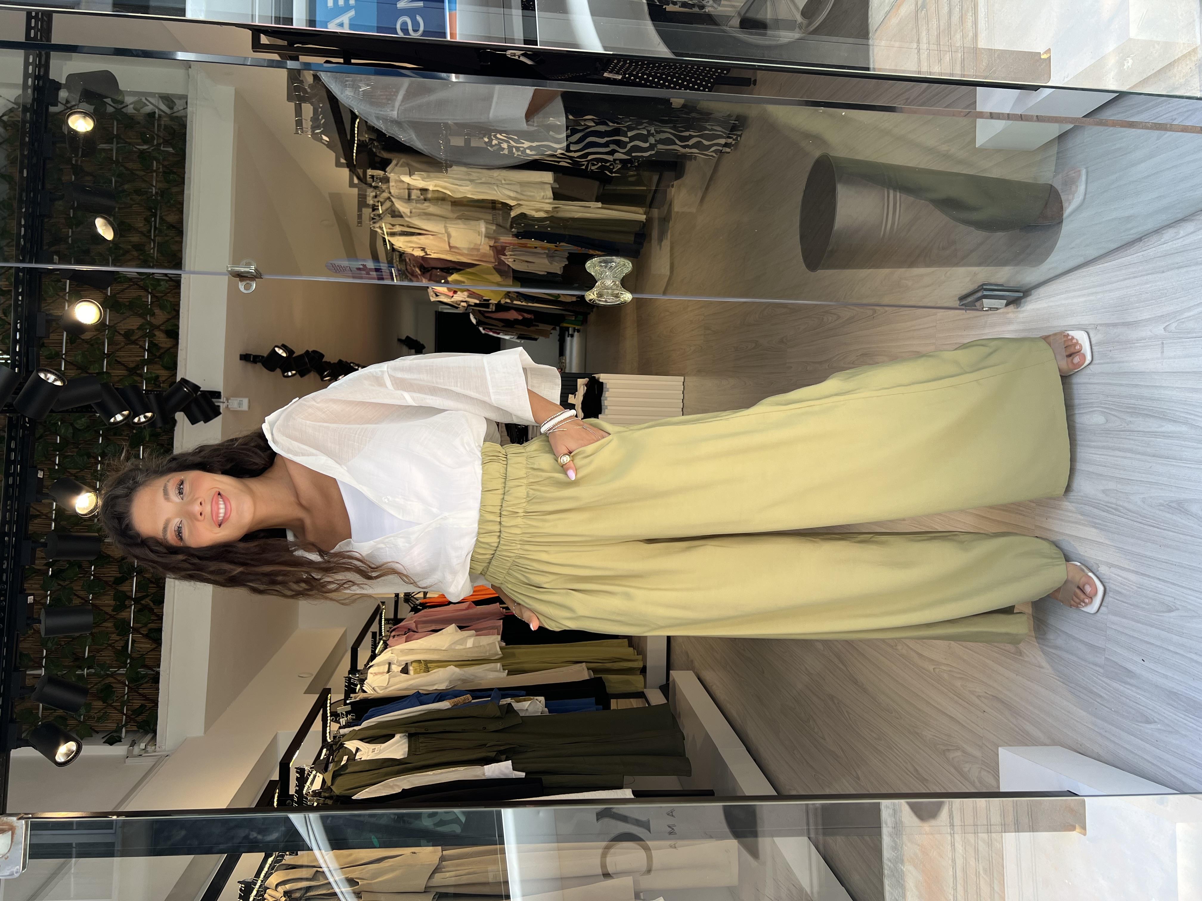 Çift Lastikli Bol Paça pantolon-Yeşil