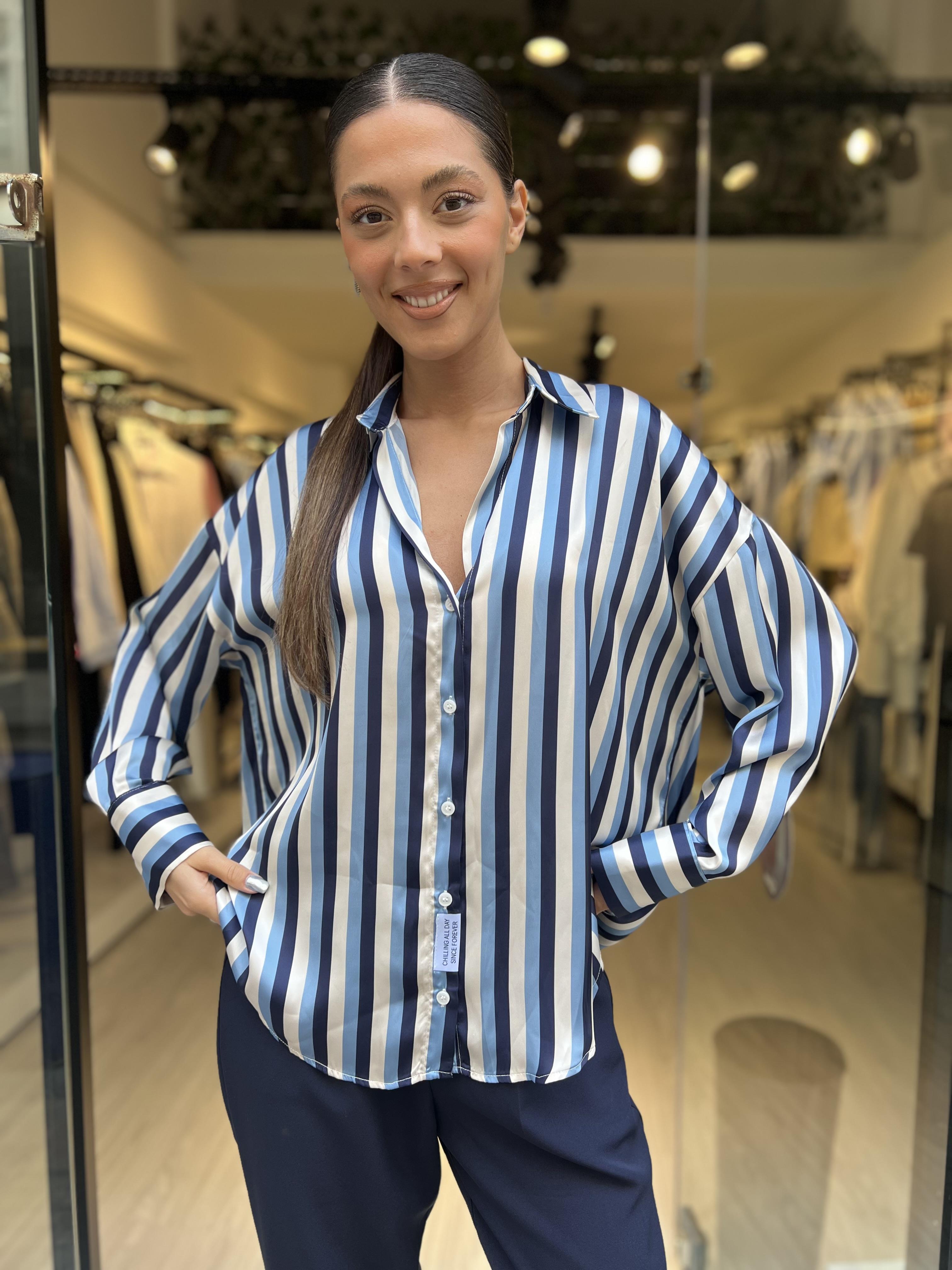 Çizgi Desen Saten Gömlek-lacivert