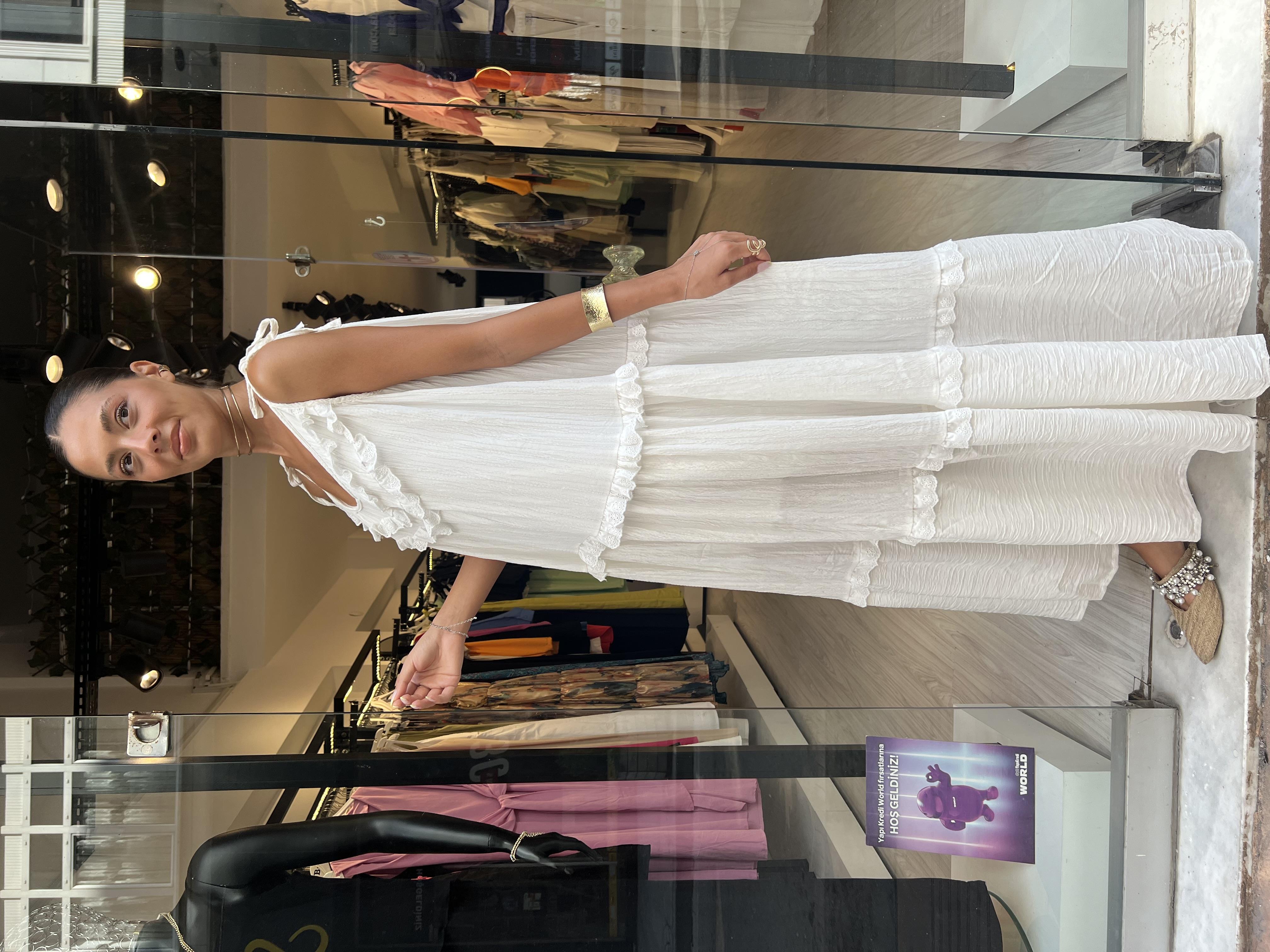 Die Askılı Fisto Elbise-Beyaz