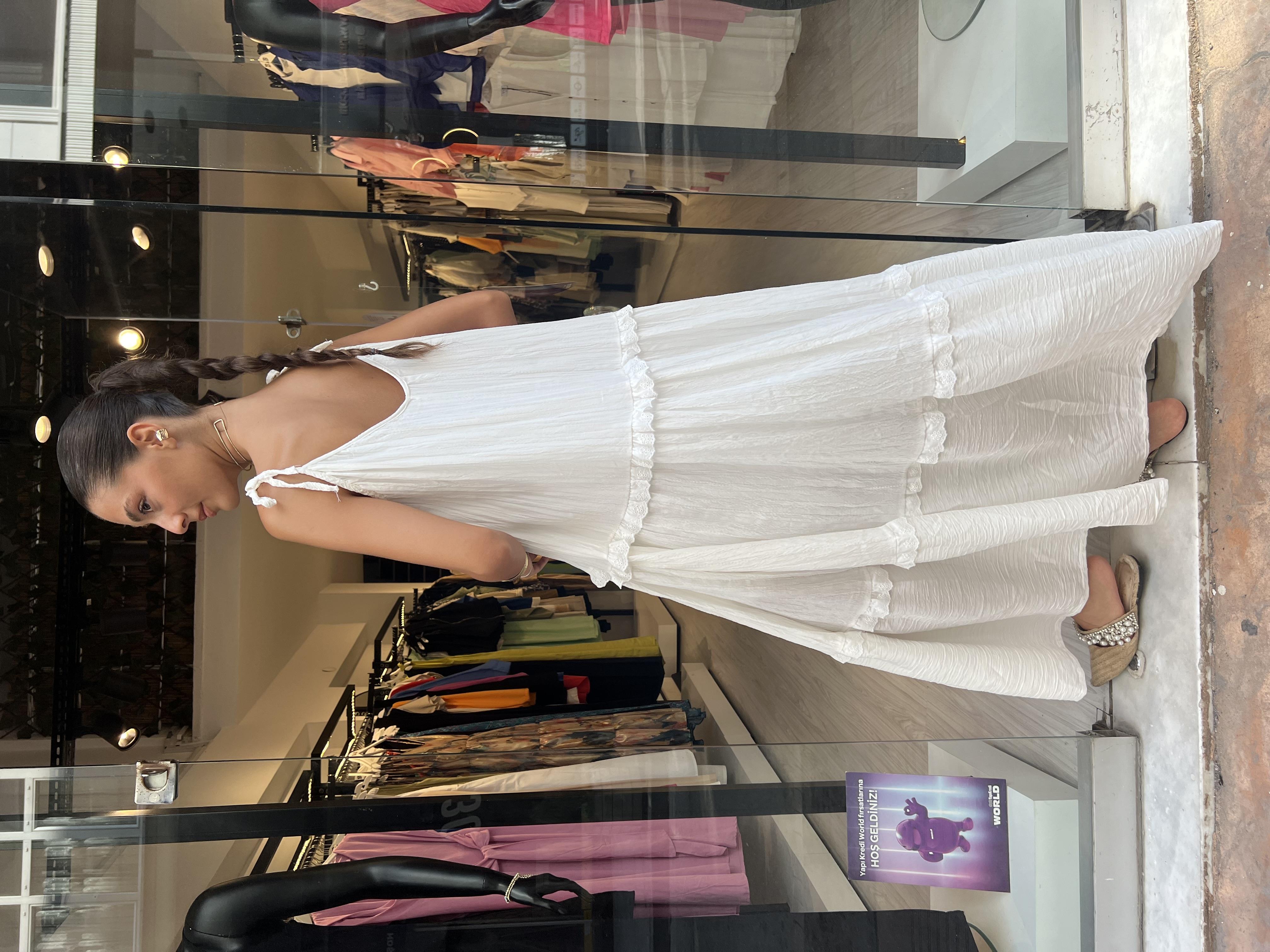 Die Askılı Fisto Elbise-Beyaz