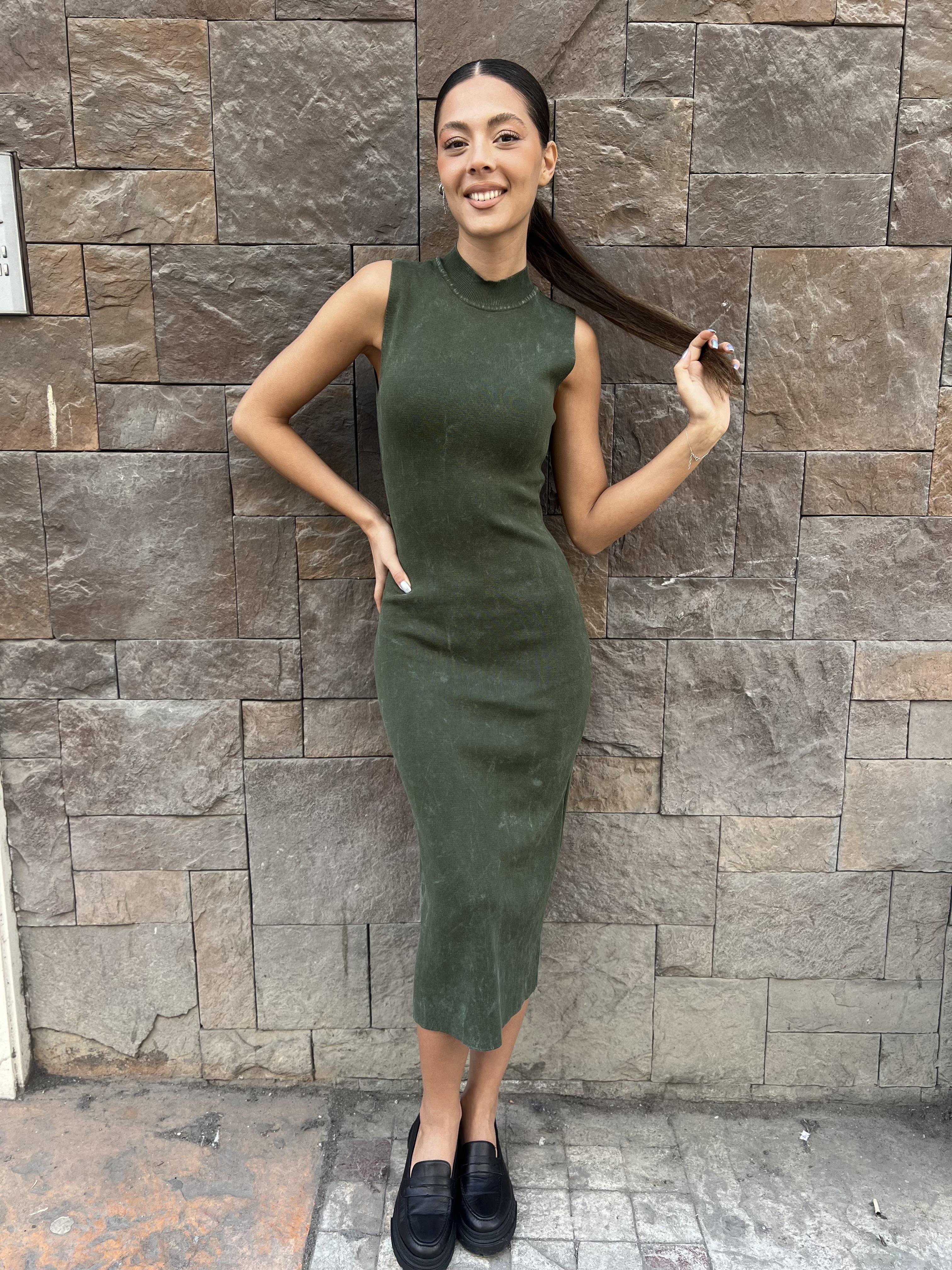 Dlv Dik Yaka Elbise-Yeşil