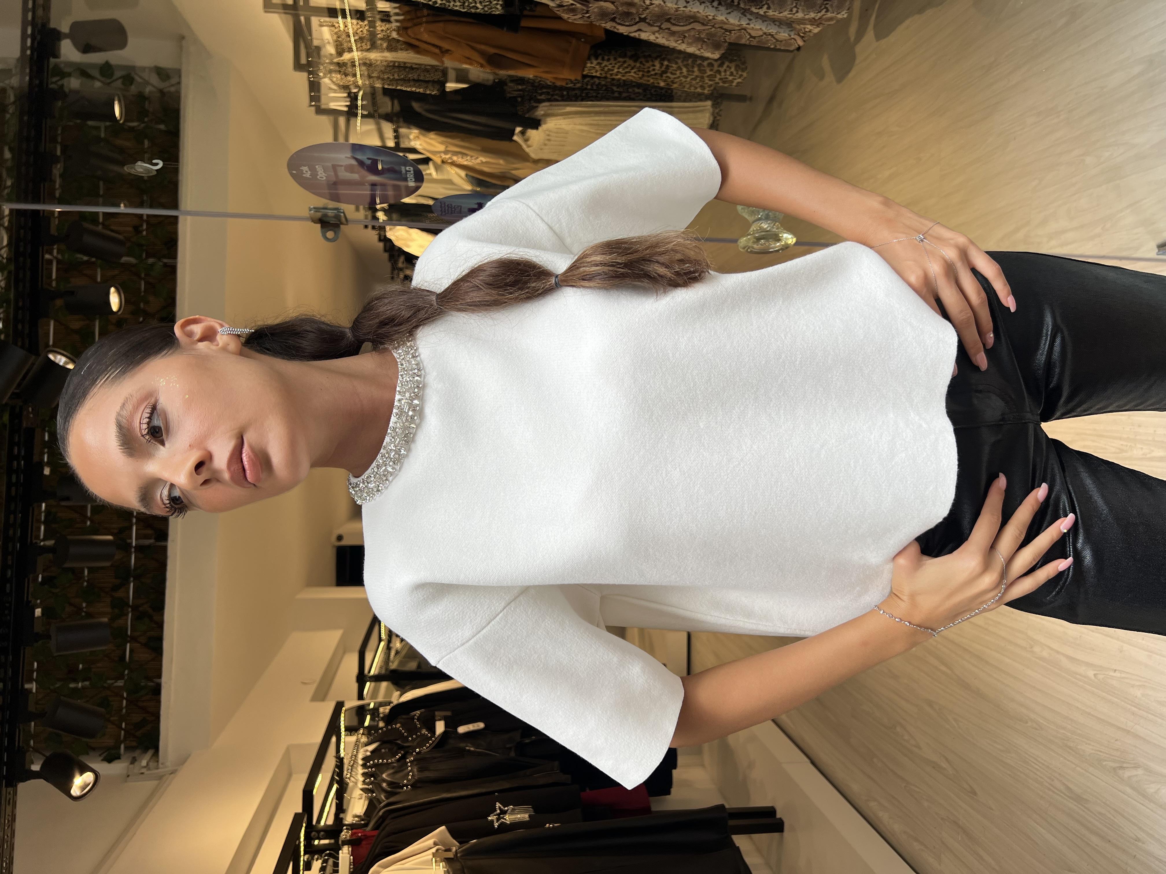 Dlvn Parlak Taş Aplikeli Kısa Kol-Ekru