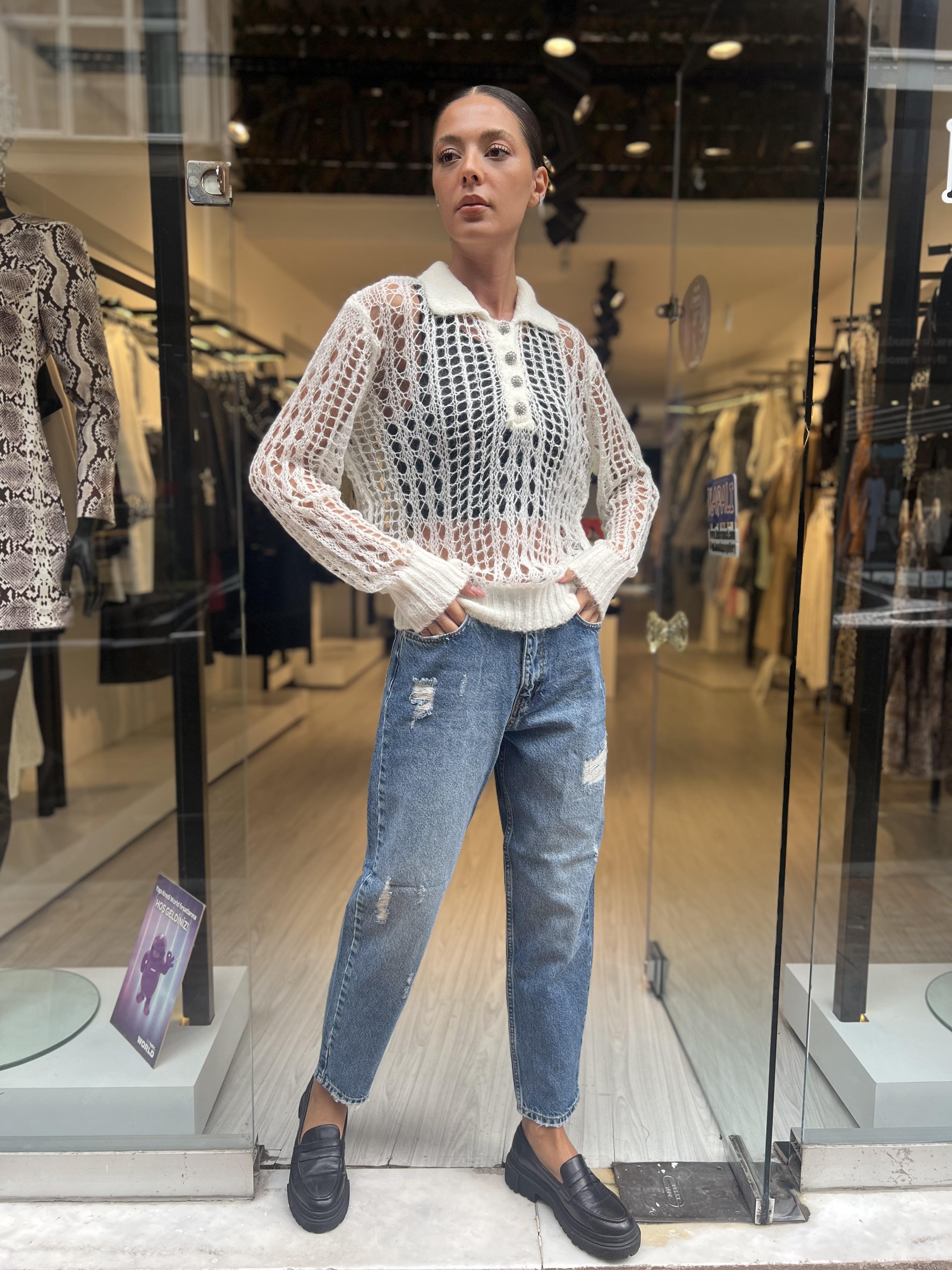 Dlvn Taş Düğmeli Triko-Ekru