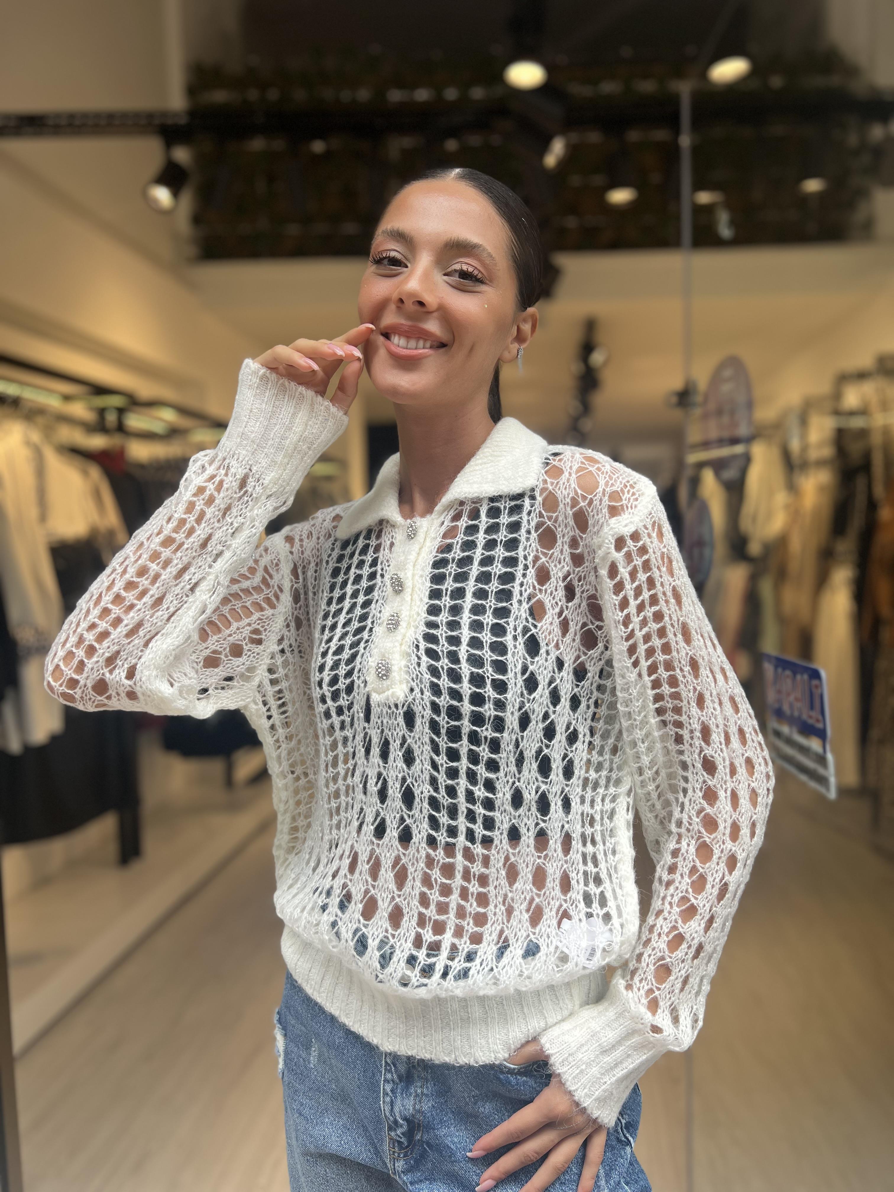 Dlvn Taş Düğmeli Triko-Ekru