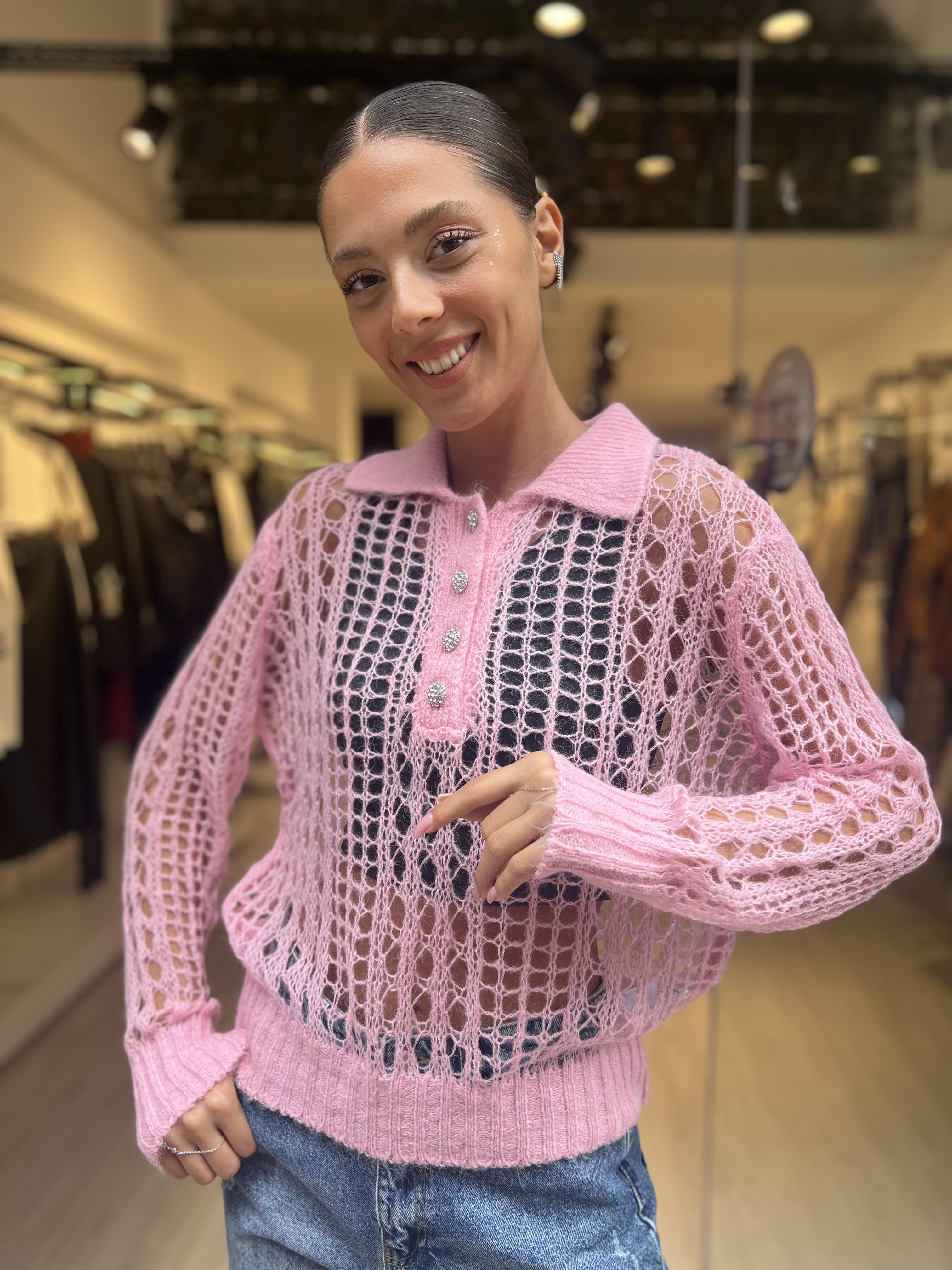 Dlvn Taş Düğmeli Triko-Pembe 