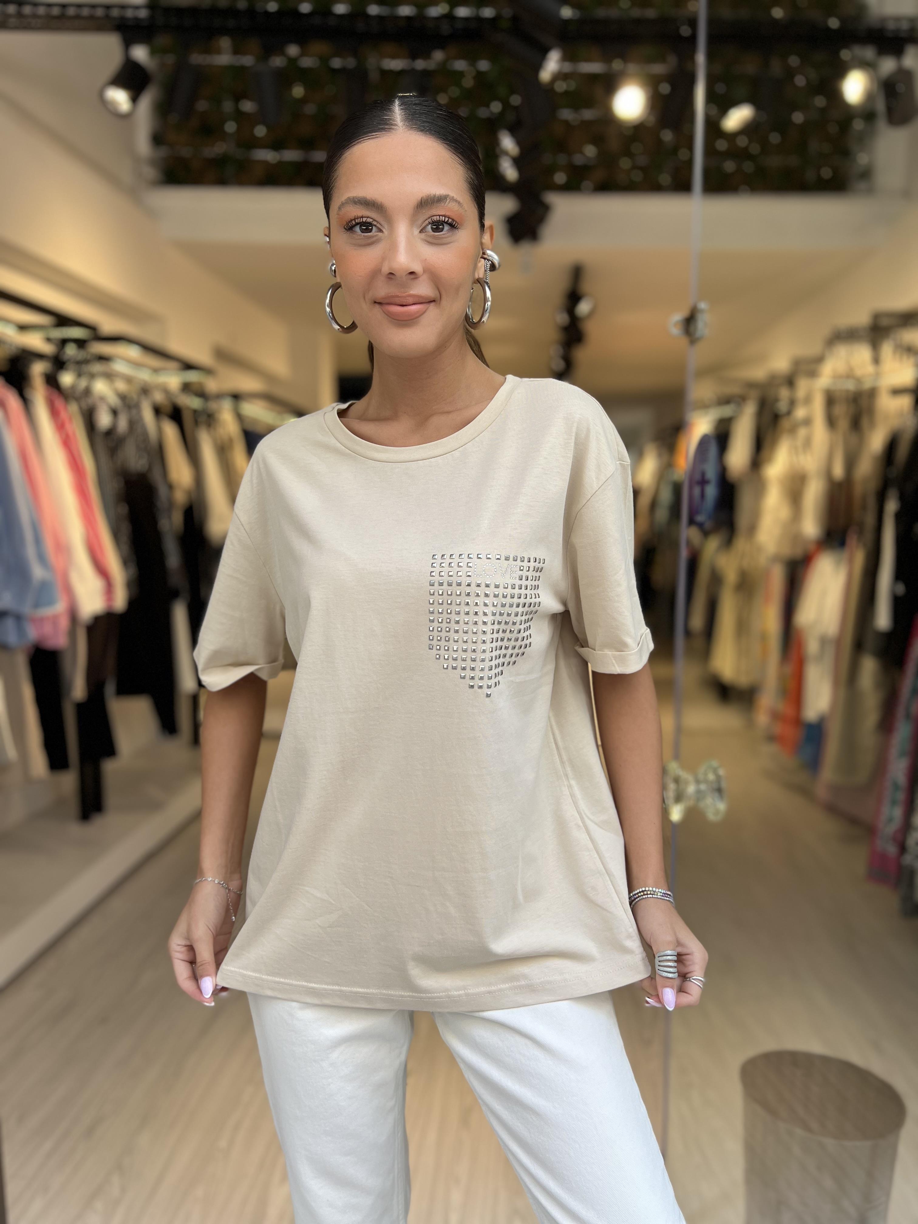 Dlvn Taşlı tişört-Bej