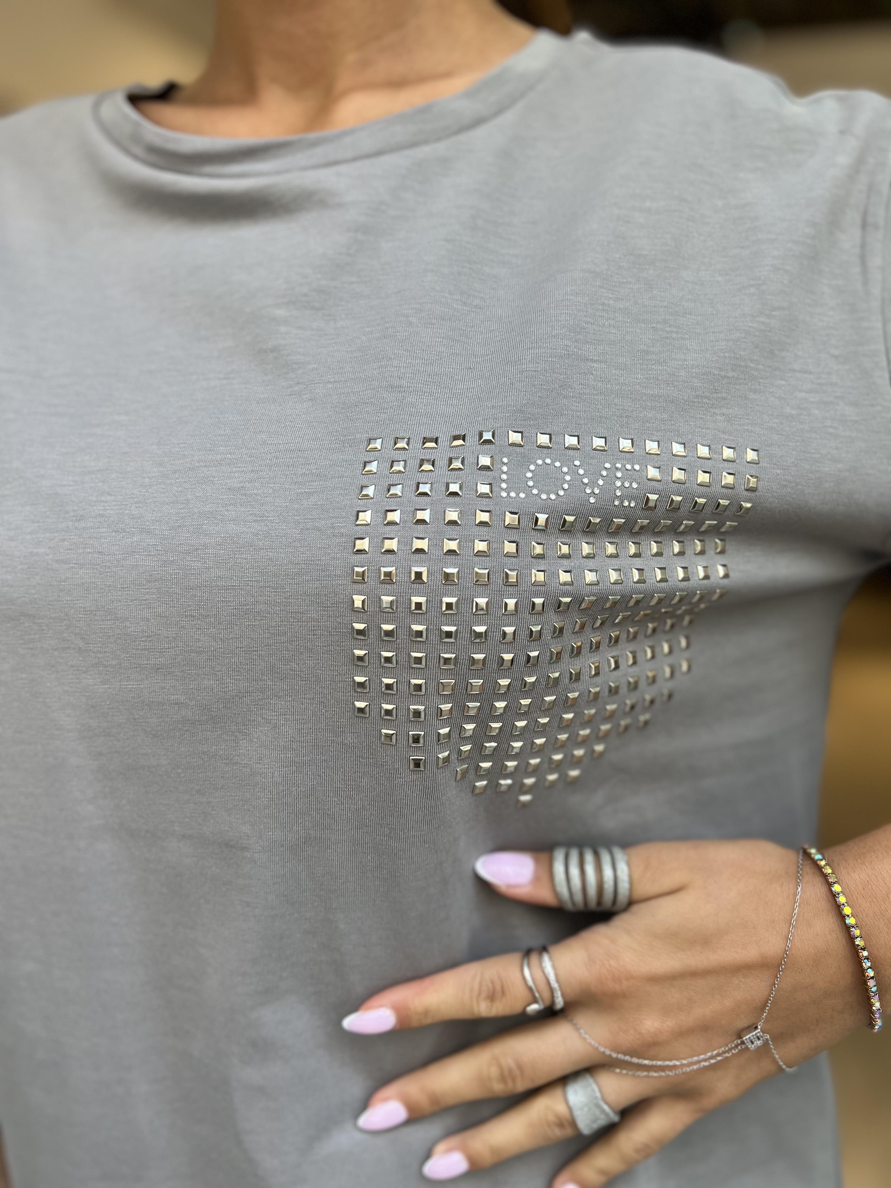 Dlvn Taşlı Tişört-Gri