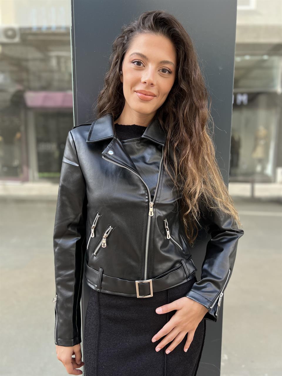 Fermuarlı Deri Ceket-Siyah
