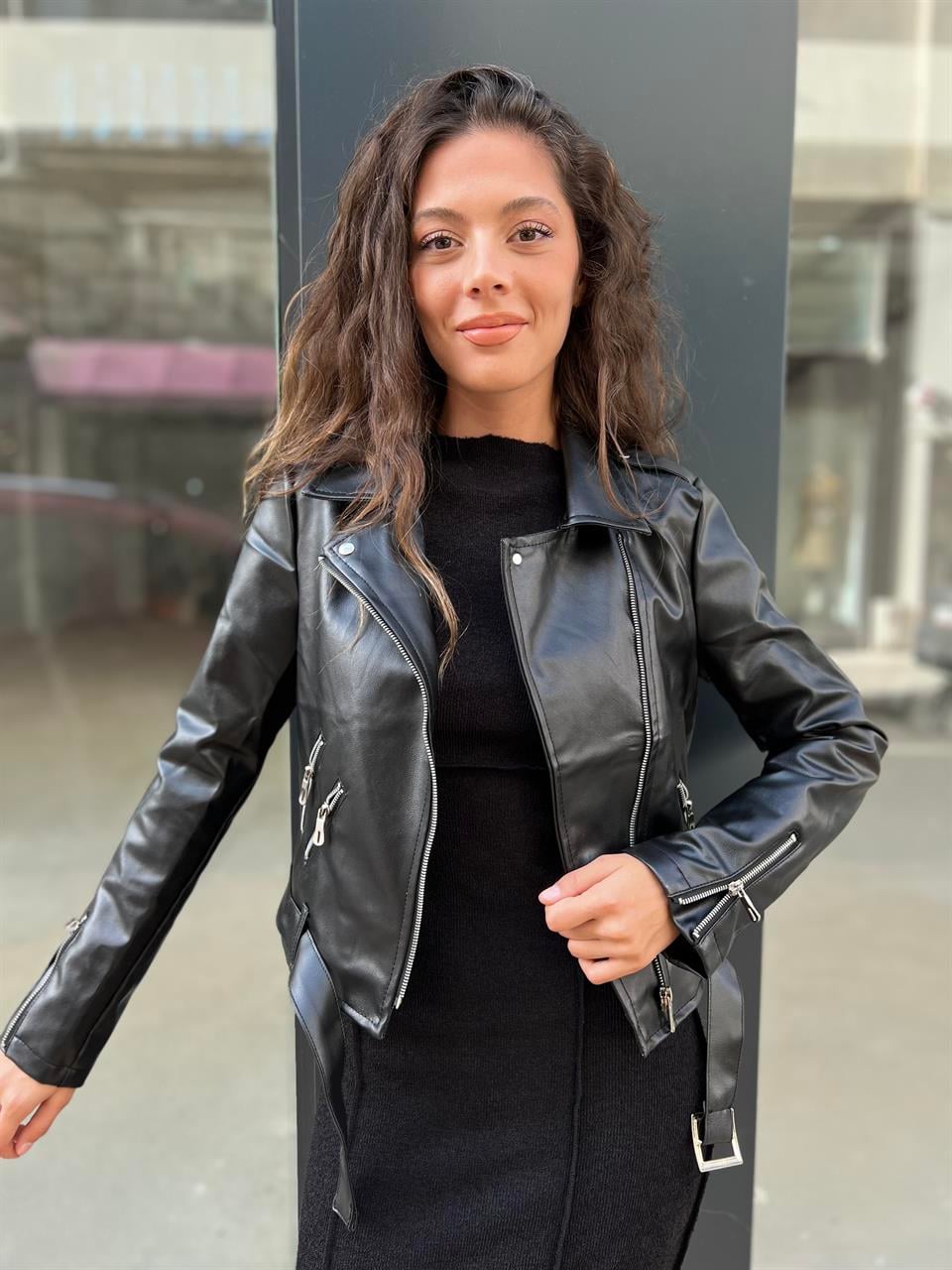 Fermuarlı Deri Ceket-Siyah