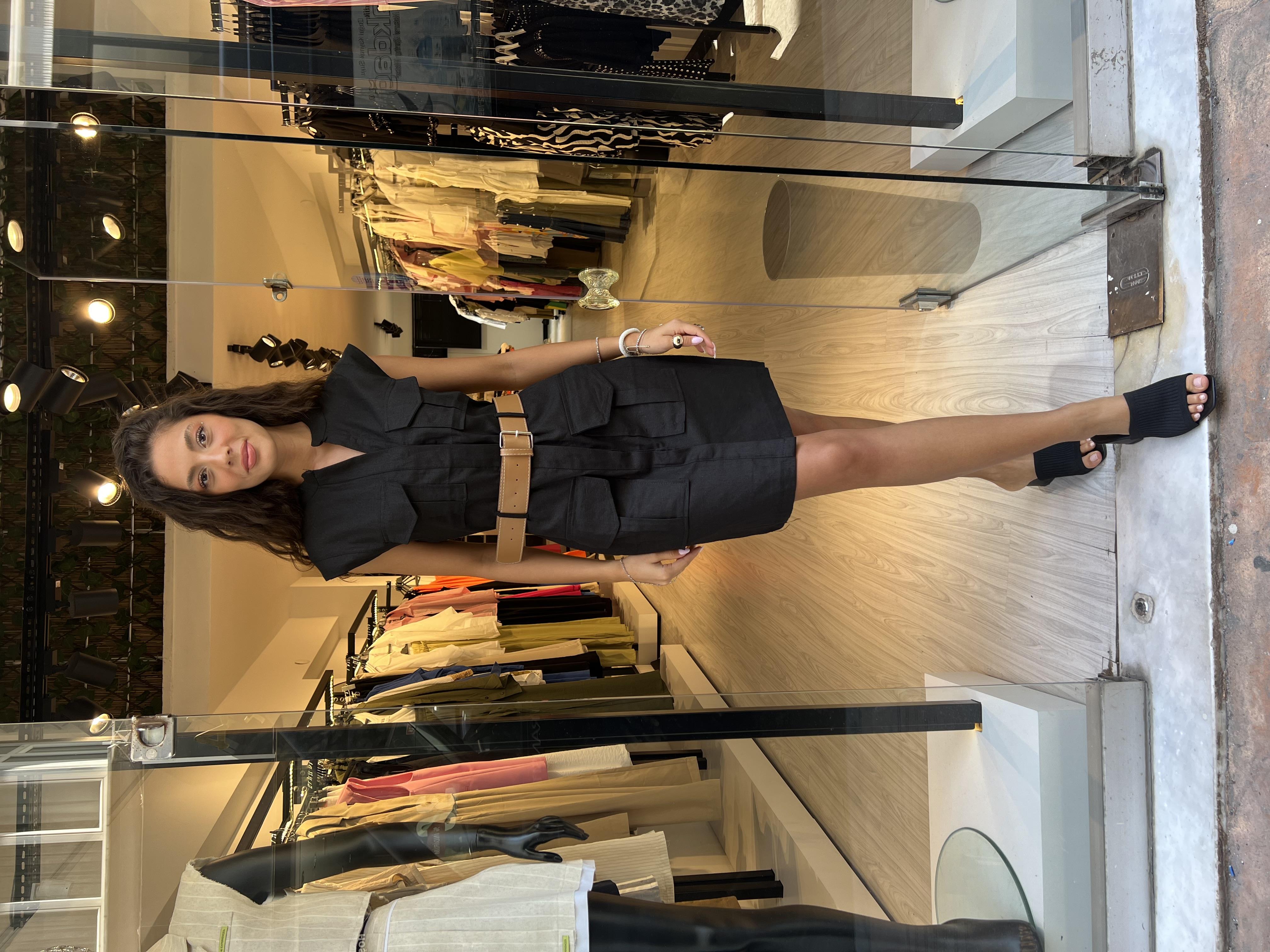 Flw Ham Keten Kemerli  Elbise-Siyah