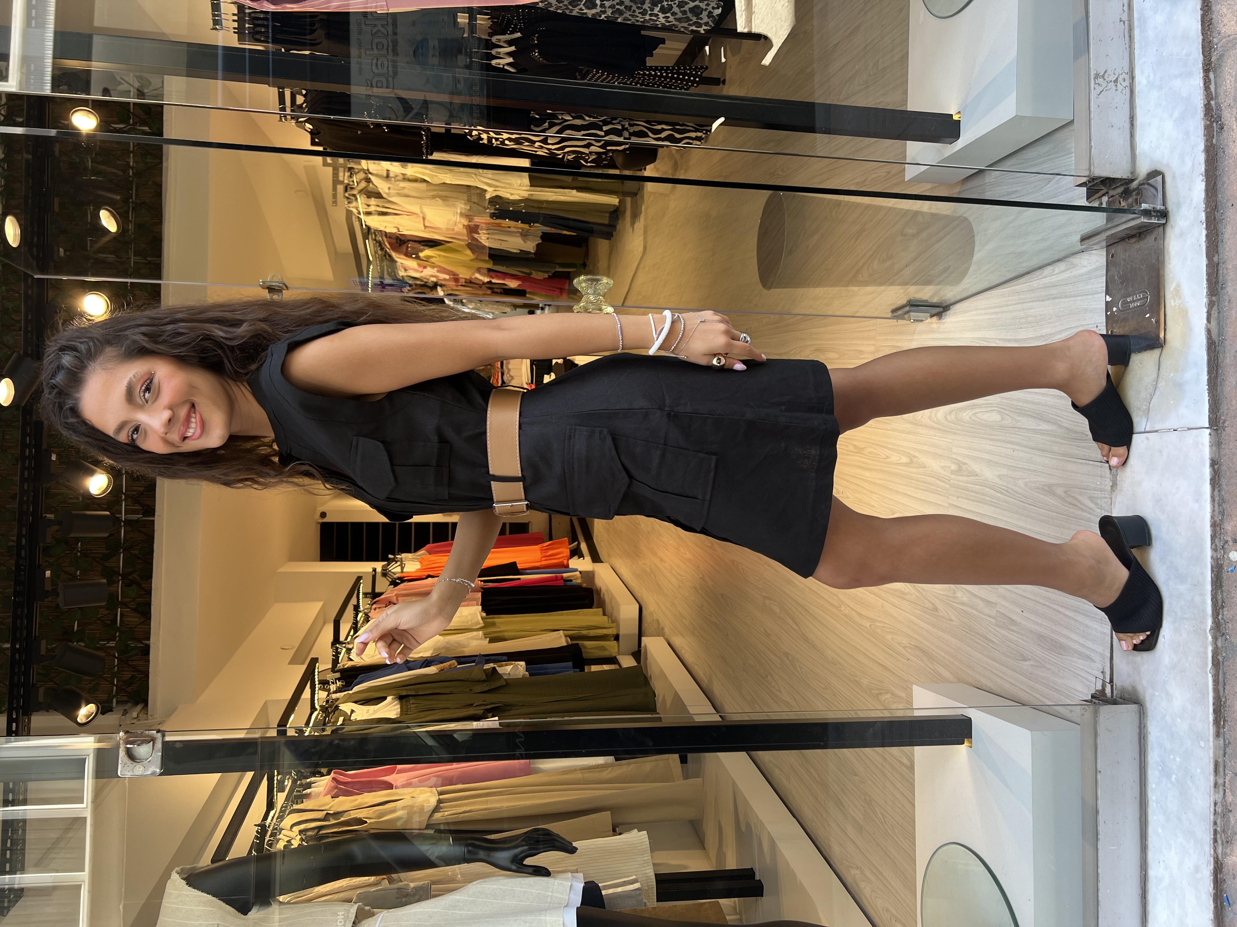 Flw Ham Keten Kemerli  Elbise-Siyah