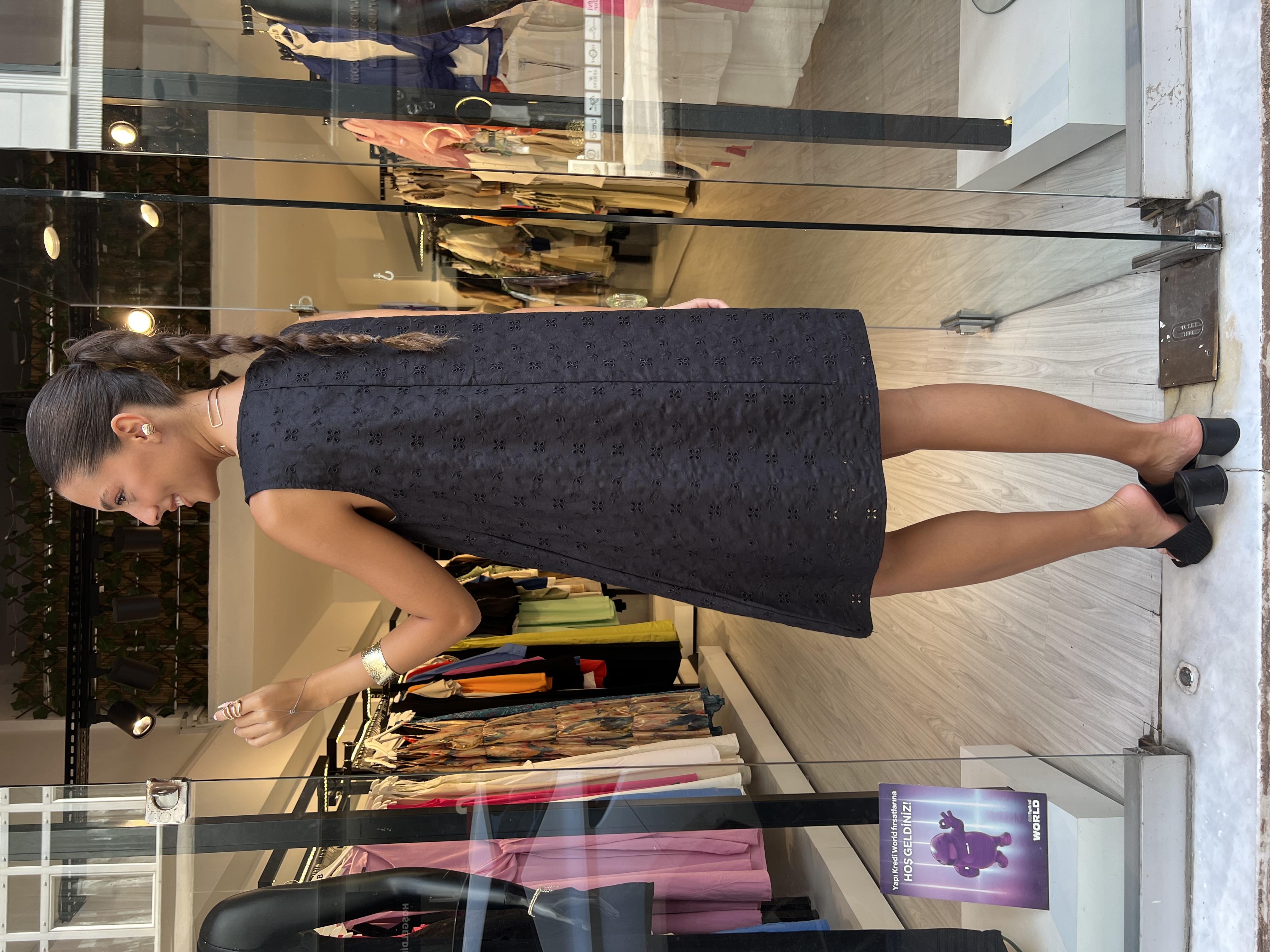 Keten Fisto elbise -Siyah