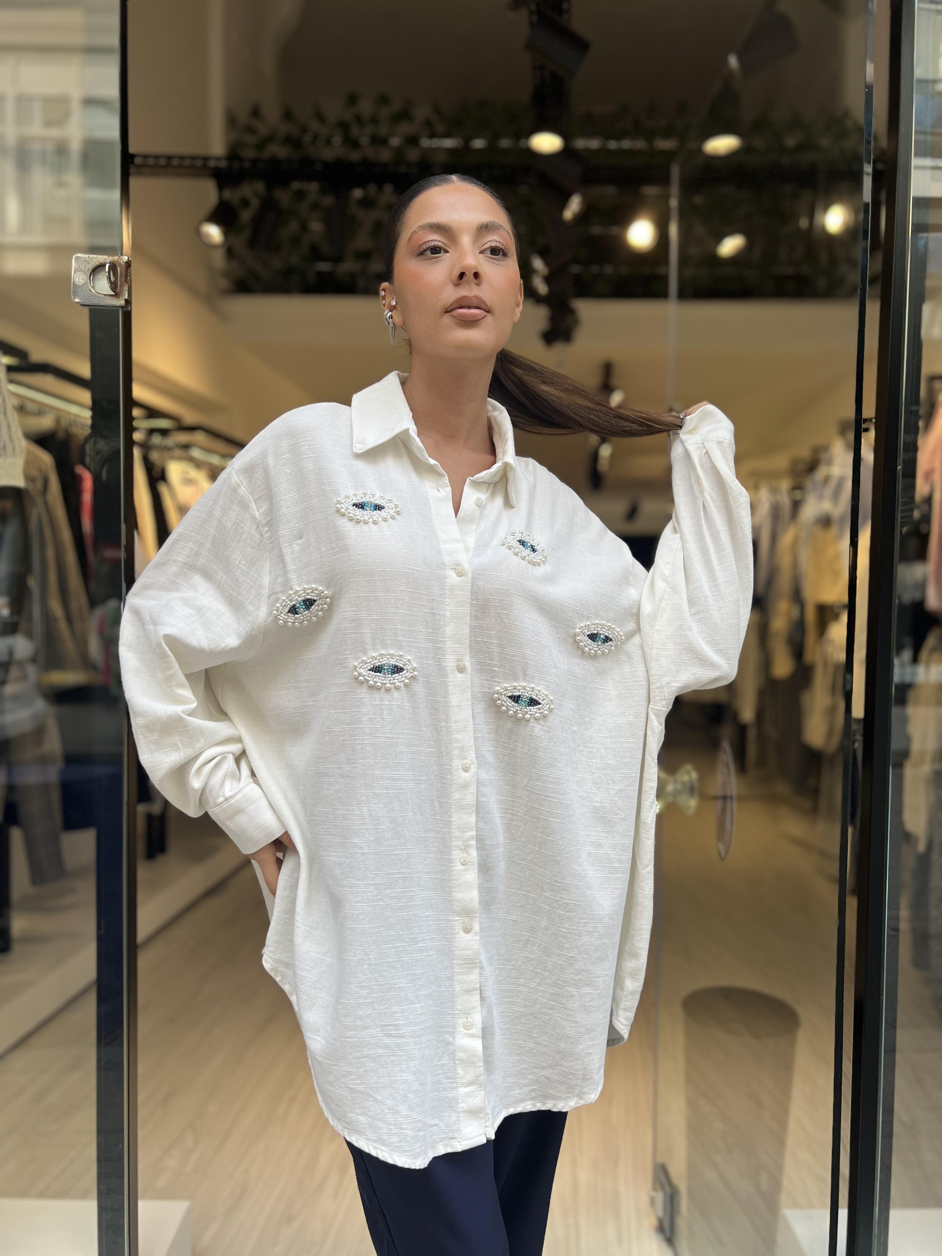 Nazar Boncuklu Gömlek -Ekru