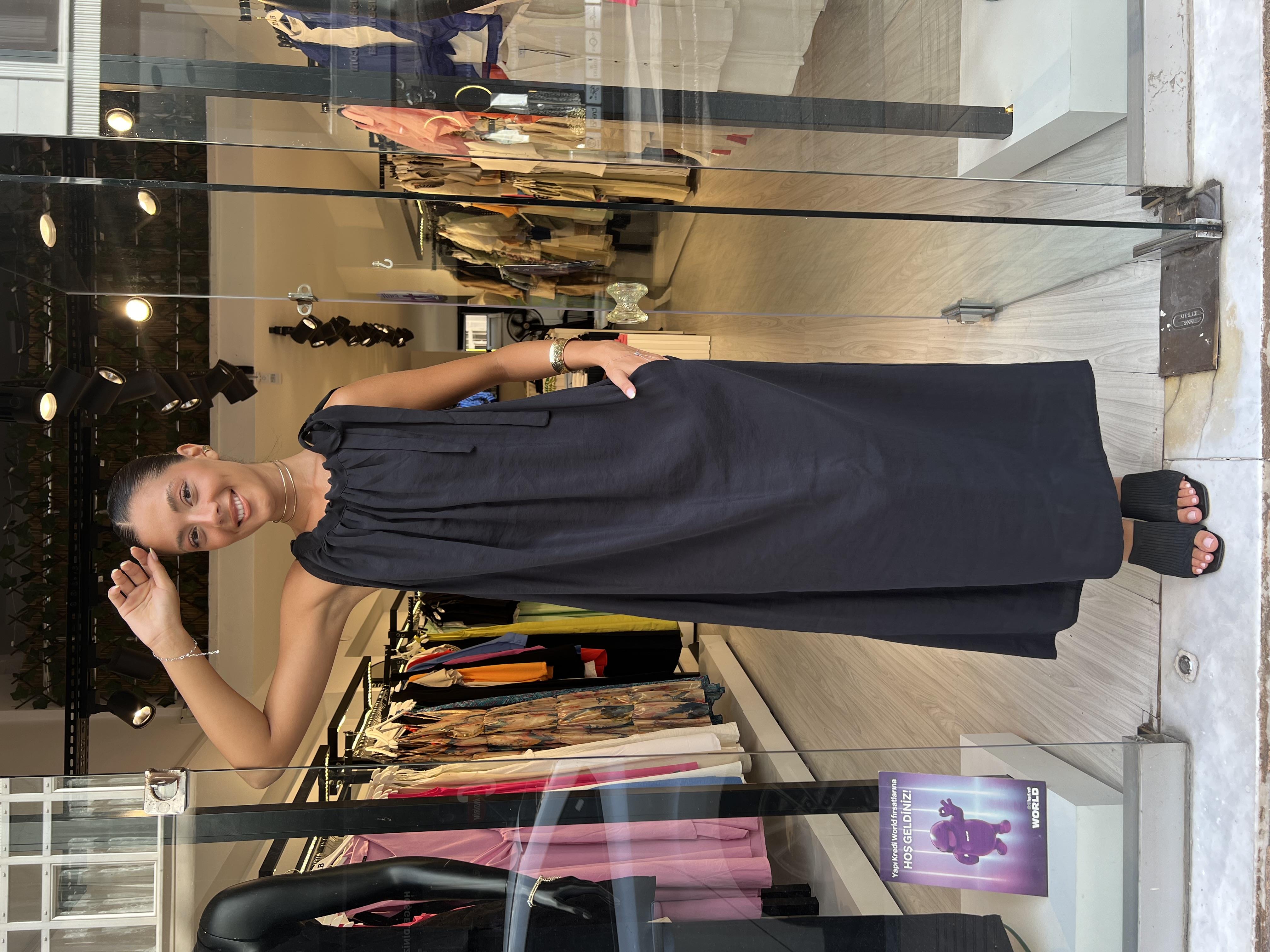 Omuzdan Bağlamalı Elbise-Siyah