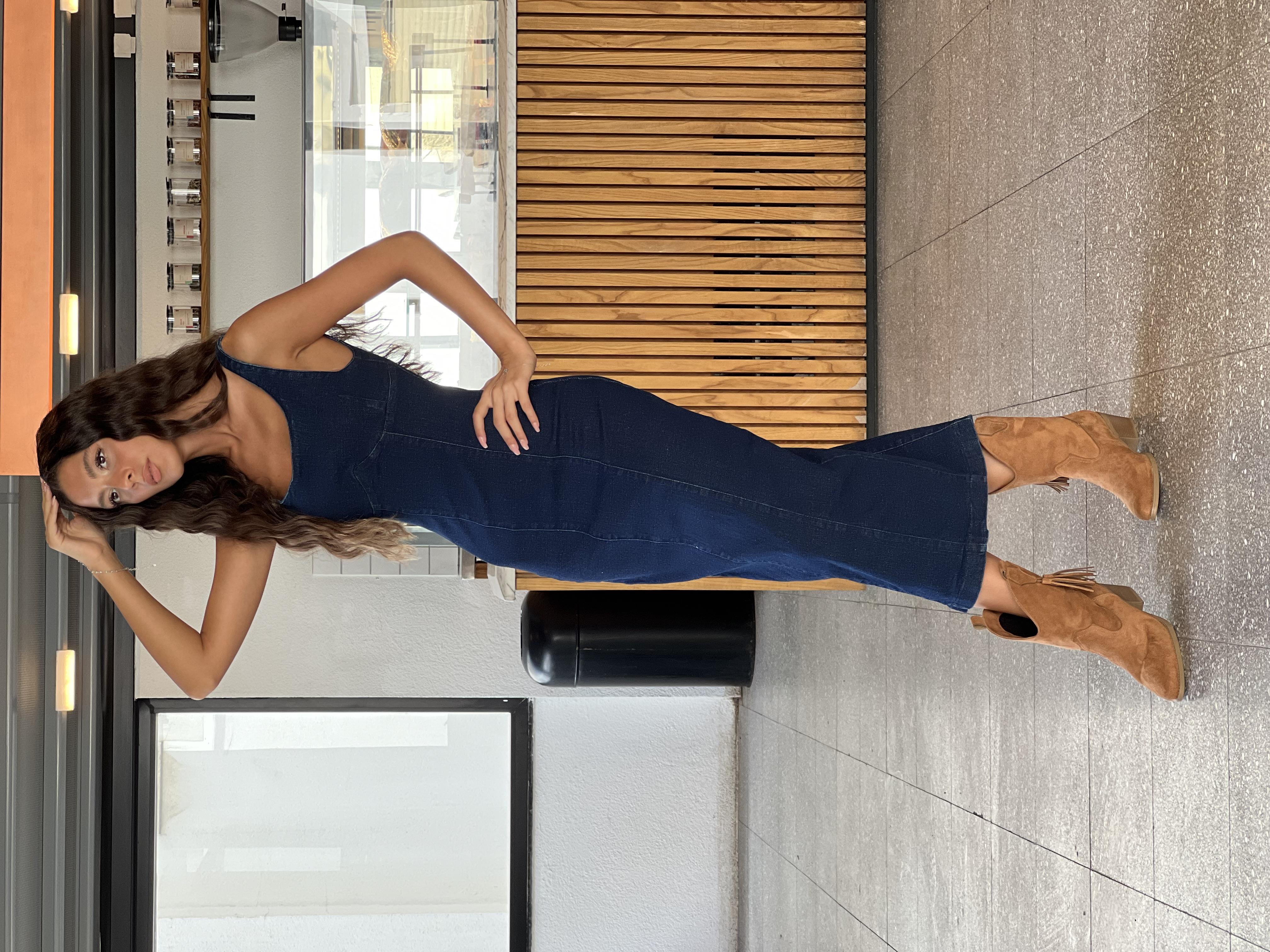 Q.Askılı Jean Elbise-Lacivert