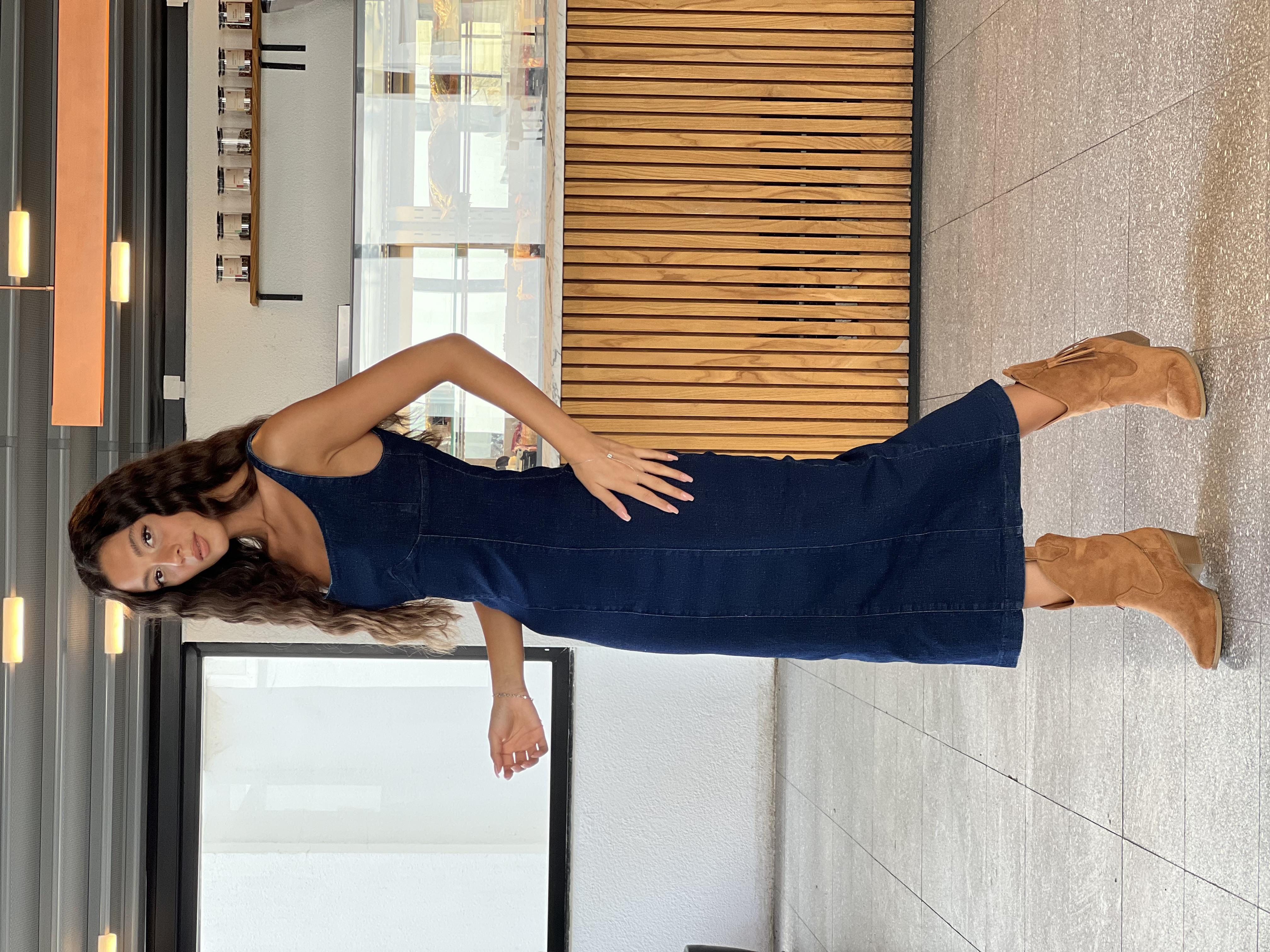 Q.Askılı Jean Elbise-Lacivert