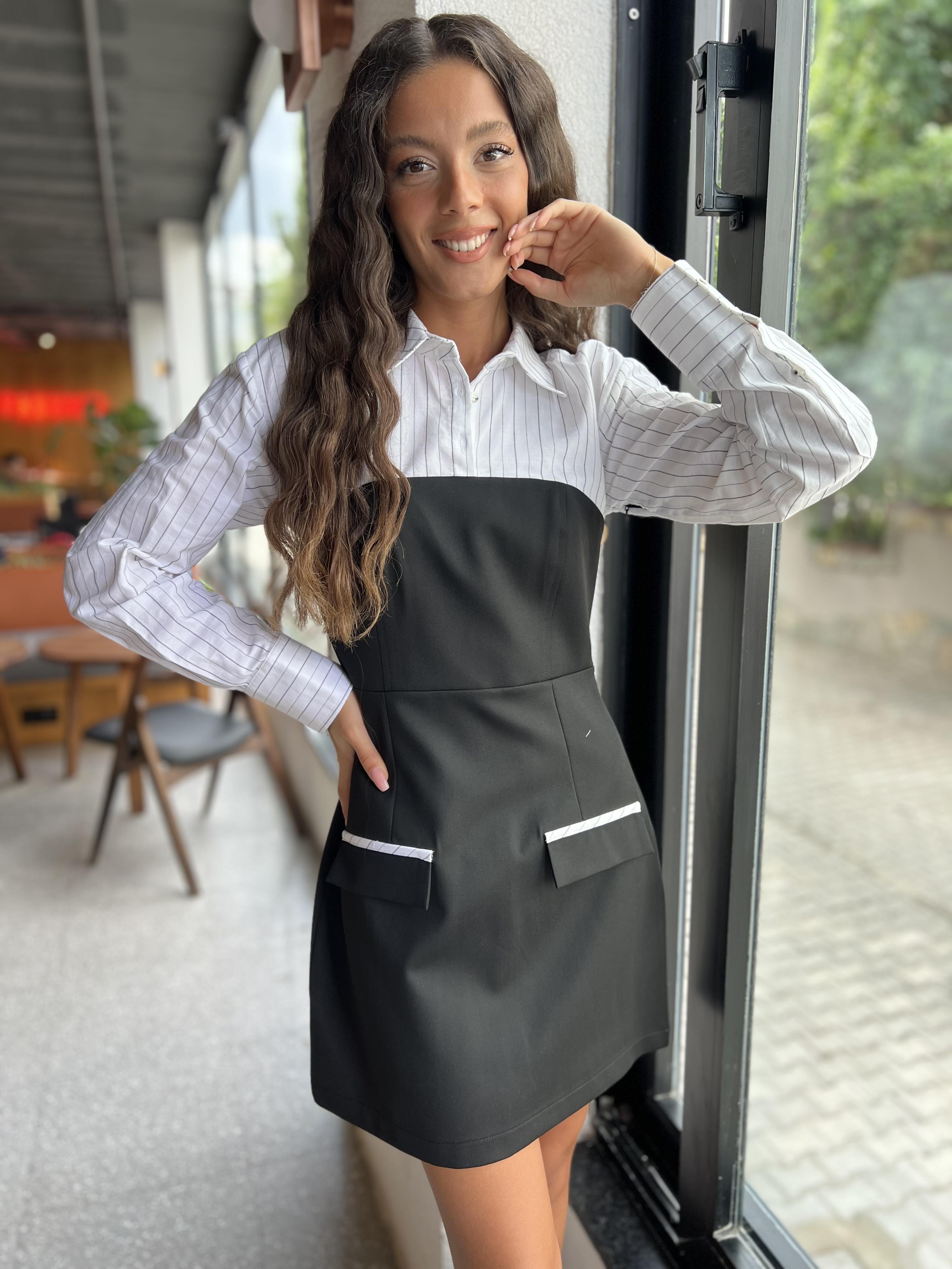 Q.Gömlek Detaylı Elbise-Siyah