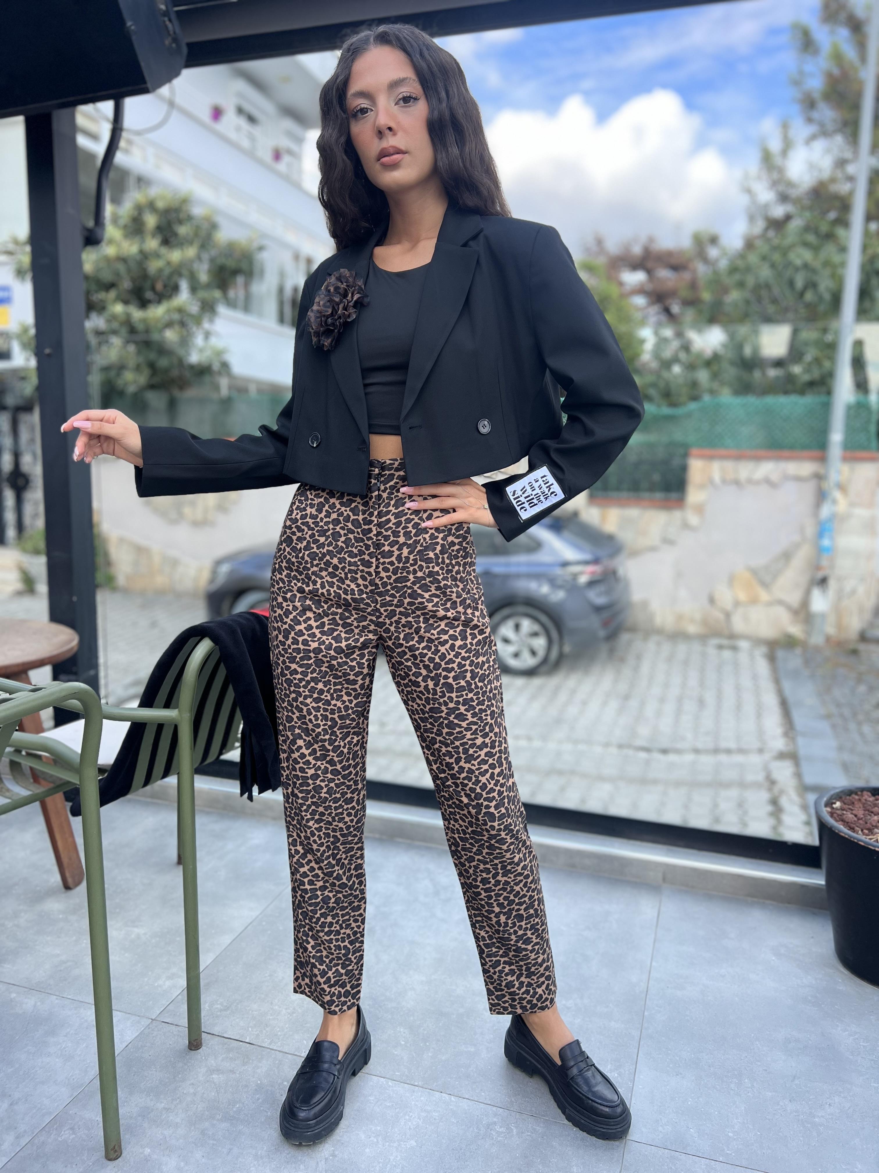 Q.Leopar Pantolon-Leopar Kahve 