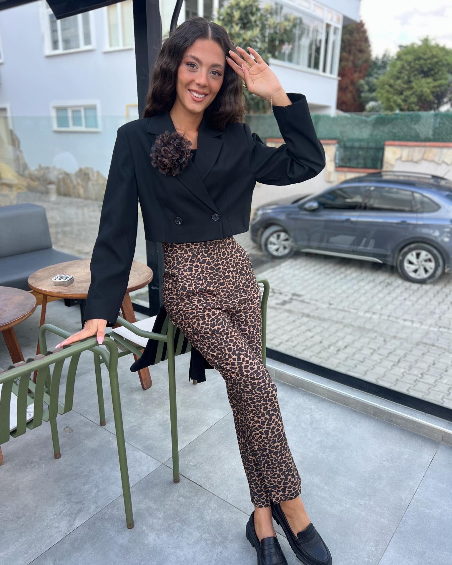 Q.Leopar Pantolon-Leopar Kahve 