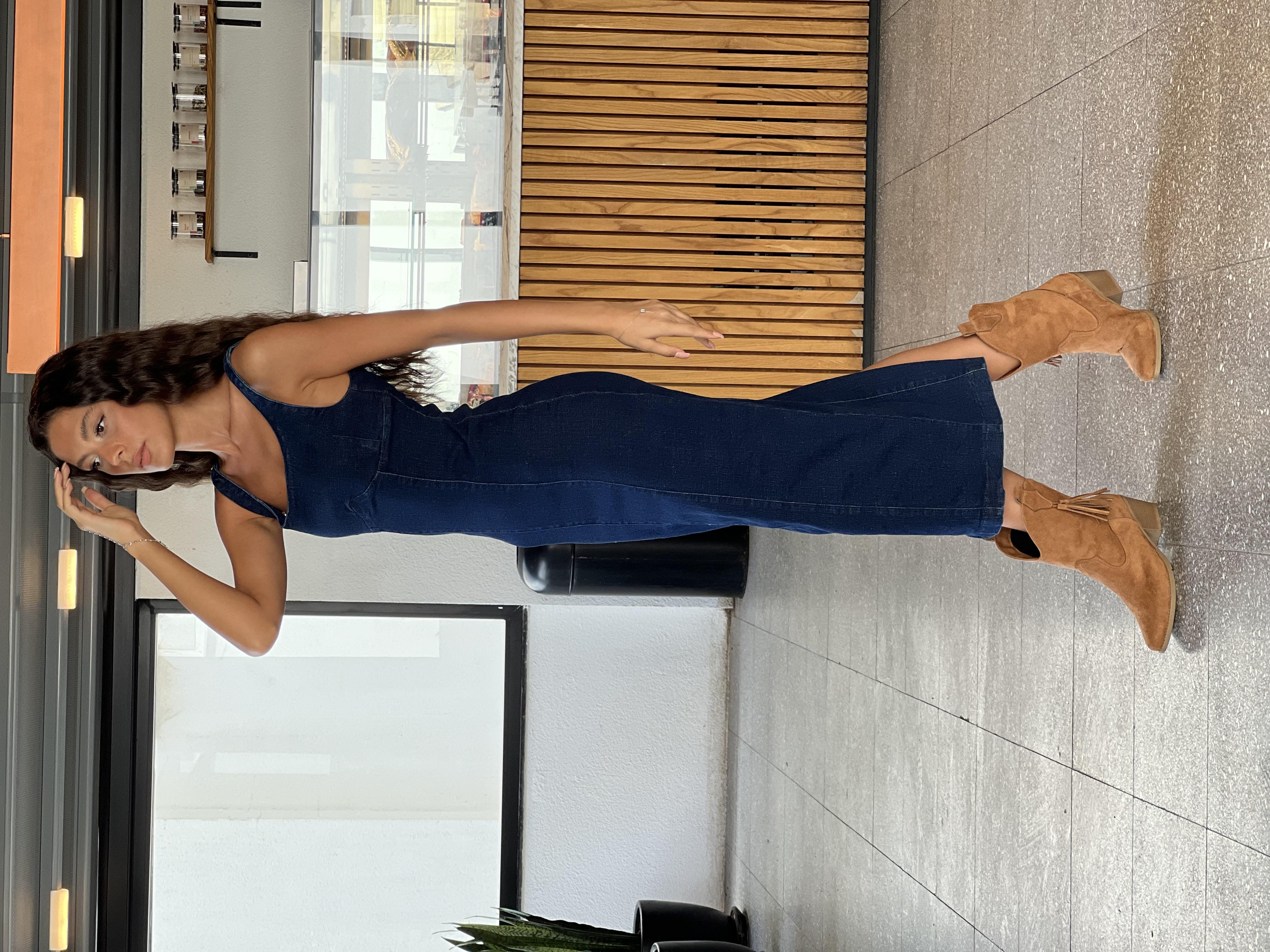 Q.Askılı Jean Elbise-Lacivert