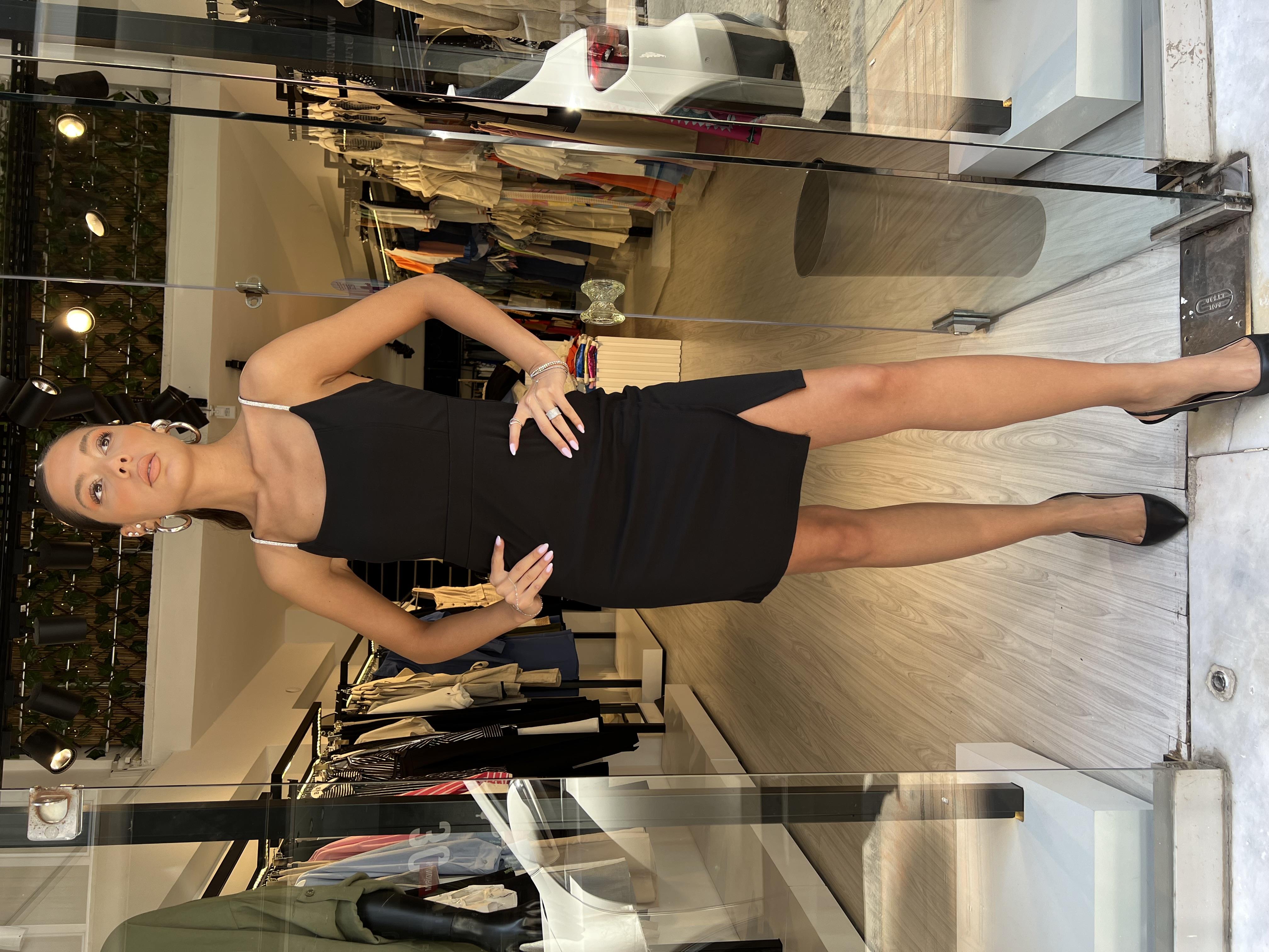 Taşlı Askılı Elbise-Siyah