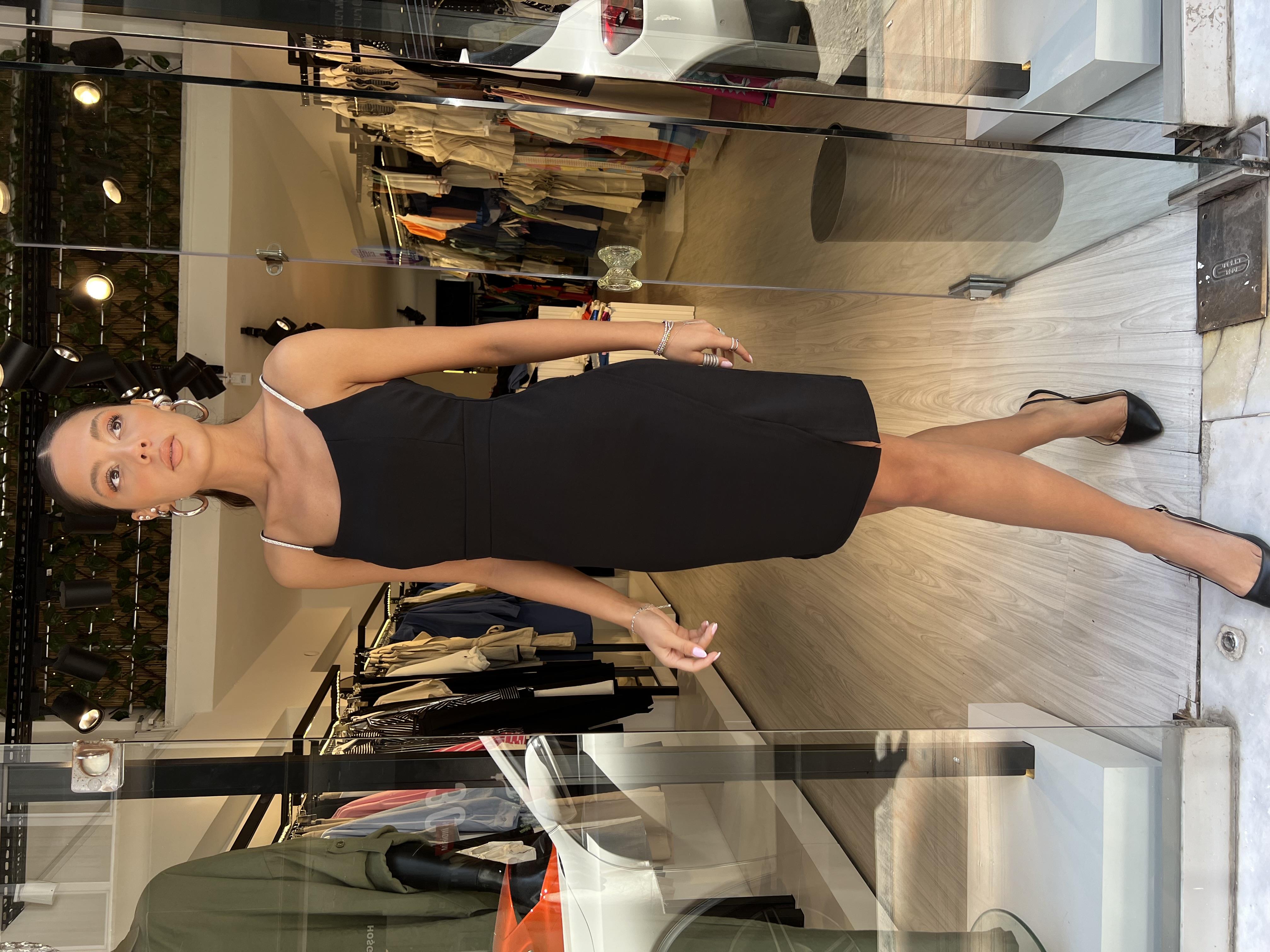 Taşlı Askılı Elbise-Siyah