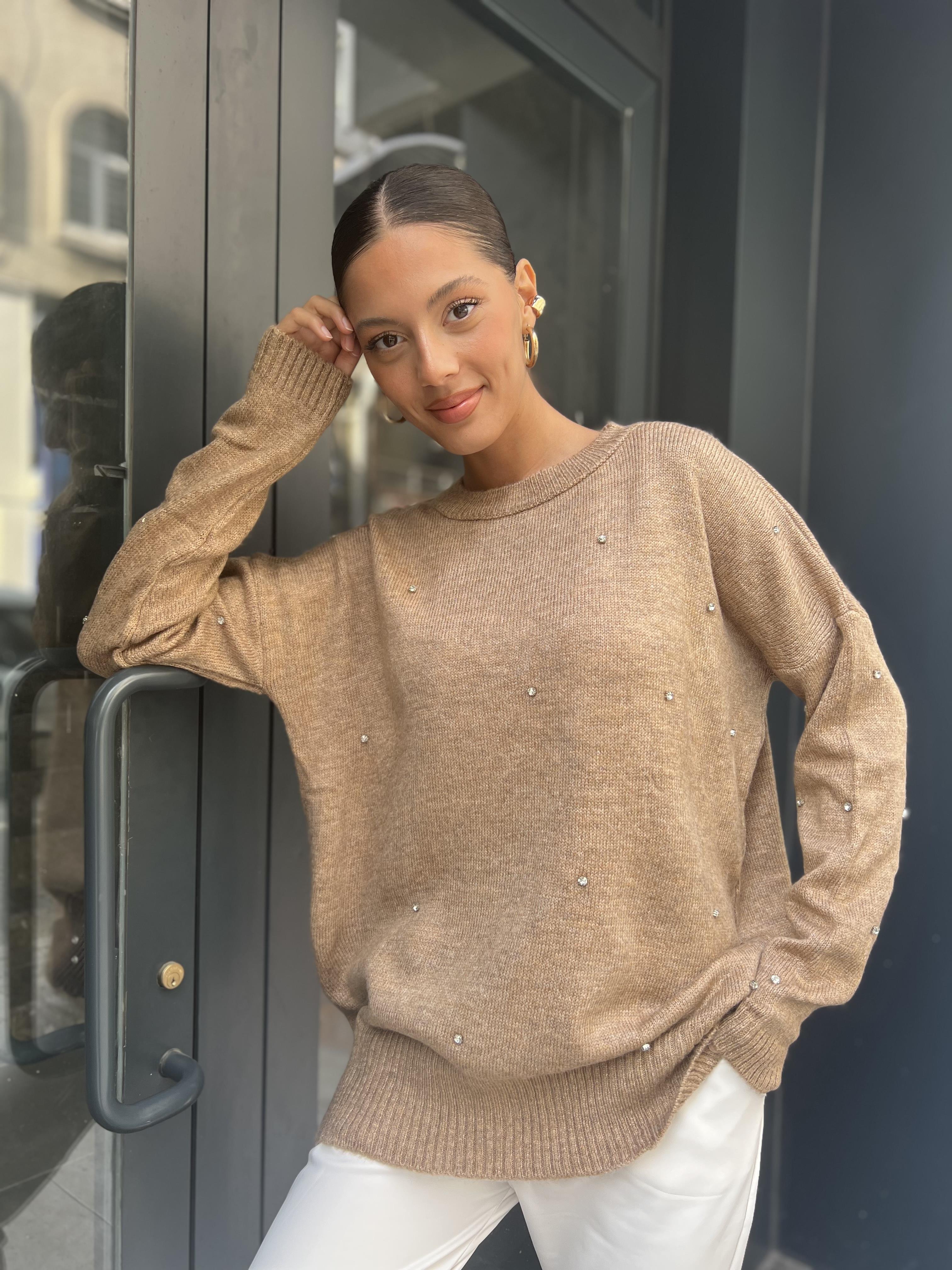 Taşlı Bisiklet Yaka Kazak-Kahve 