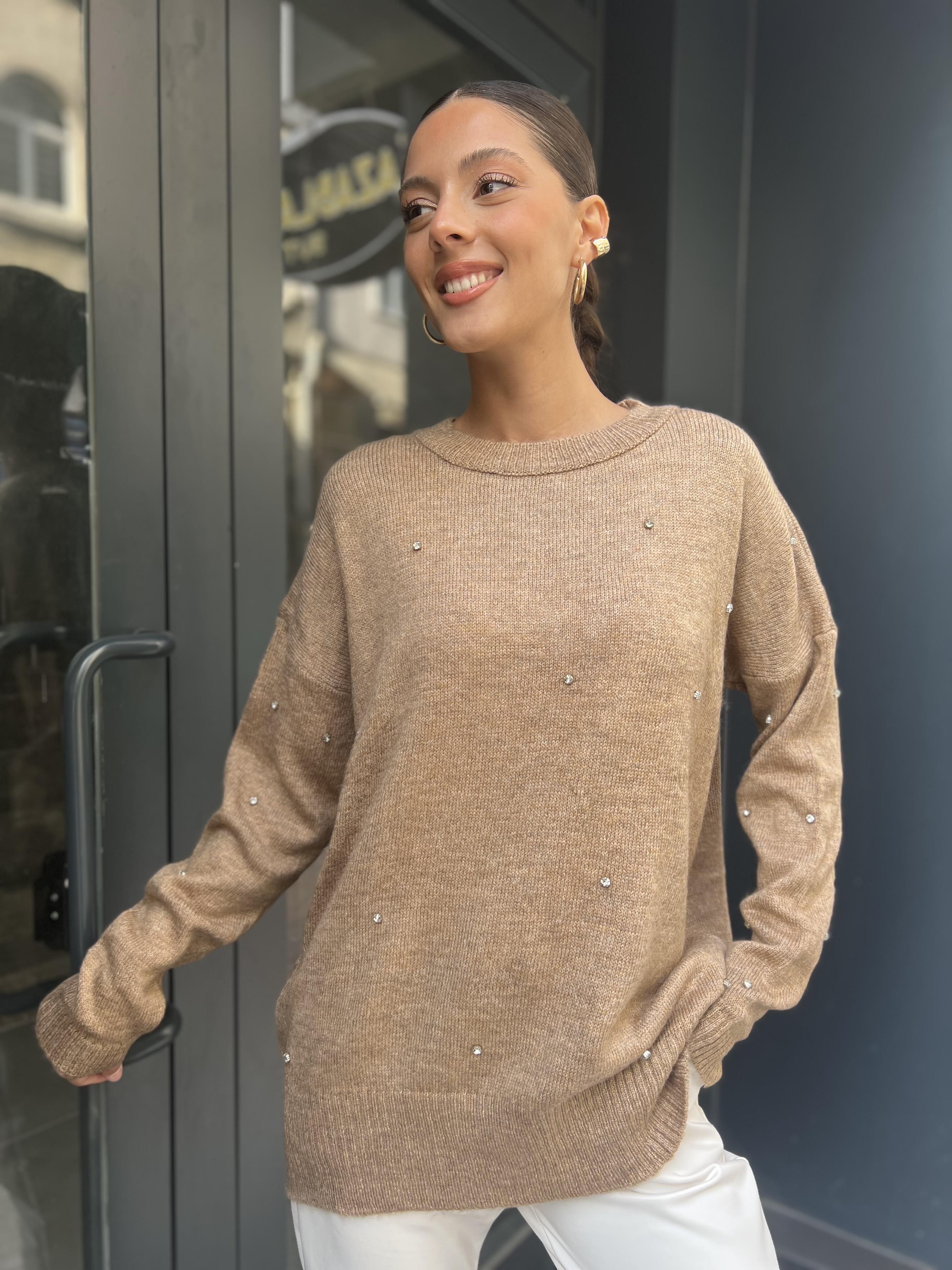 Taşlı Bisiklet Yaka Kazak-Kahve 