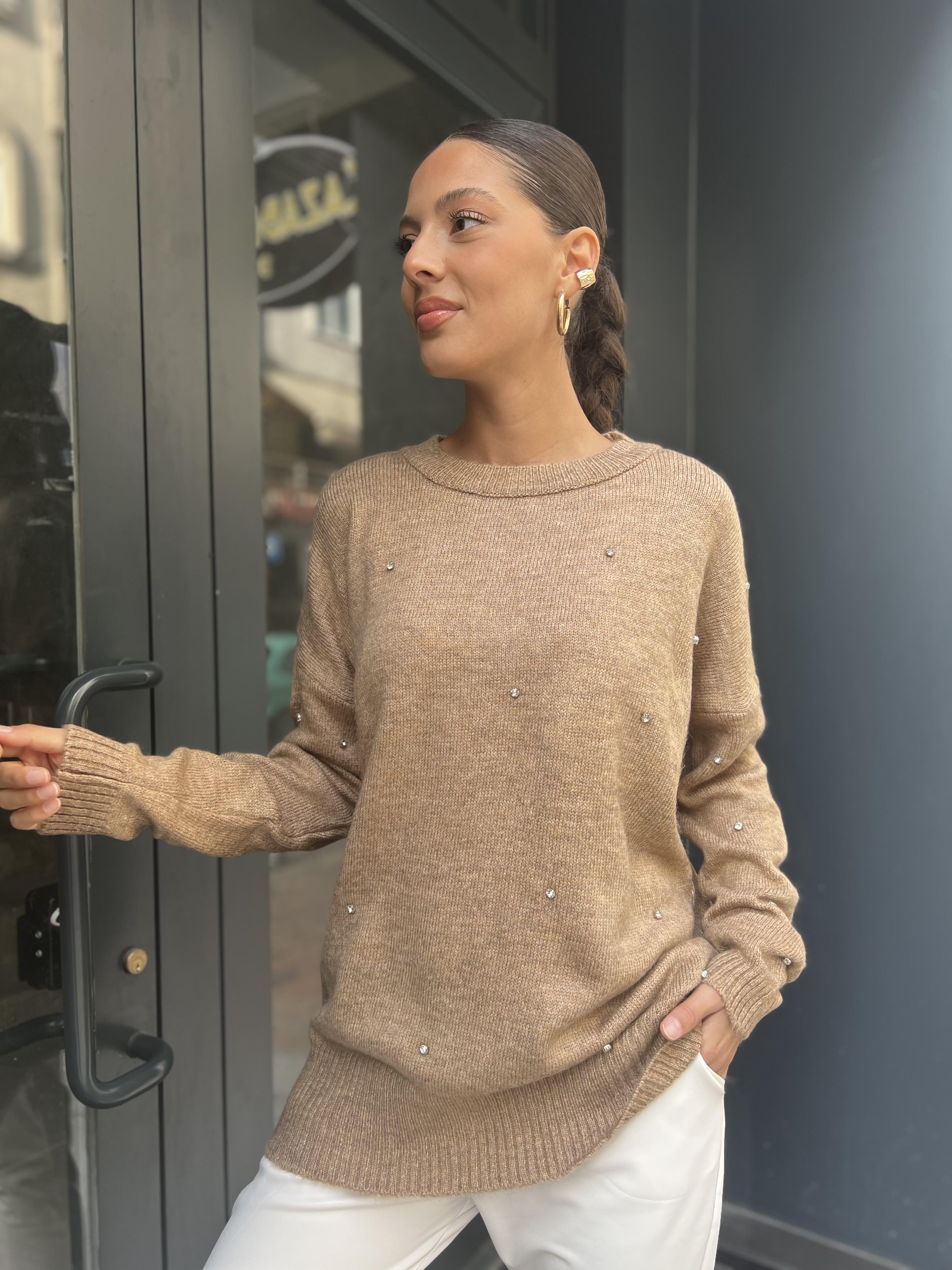 Taşlı Bisiklet Yaka Kazak-Kahve 