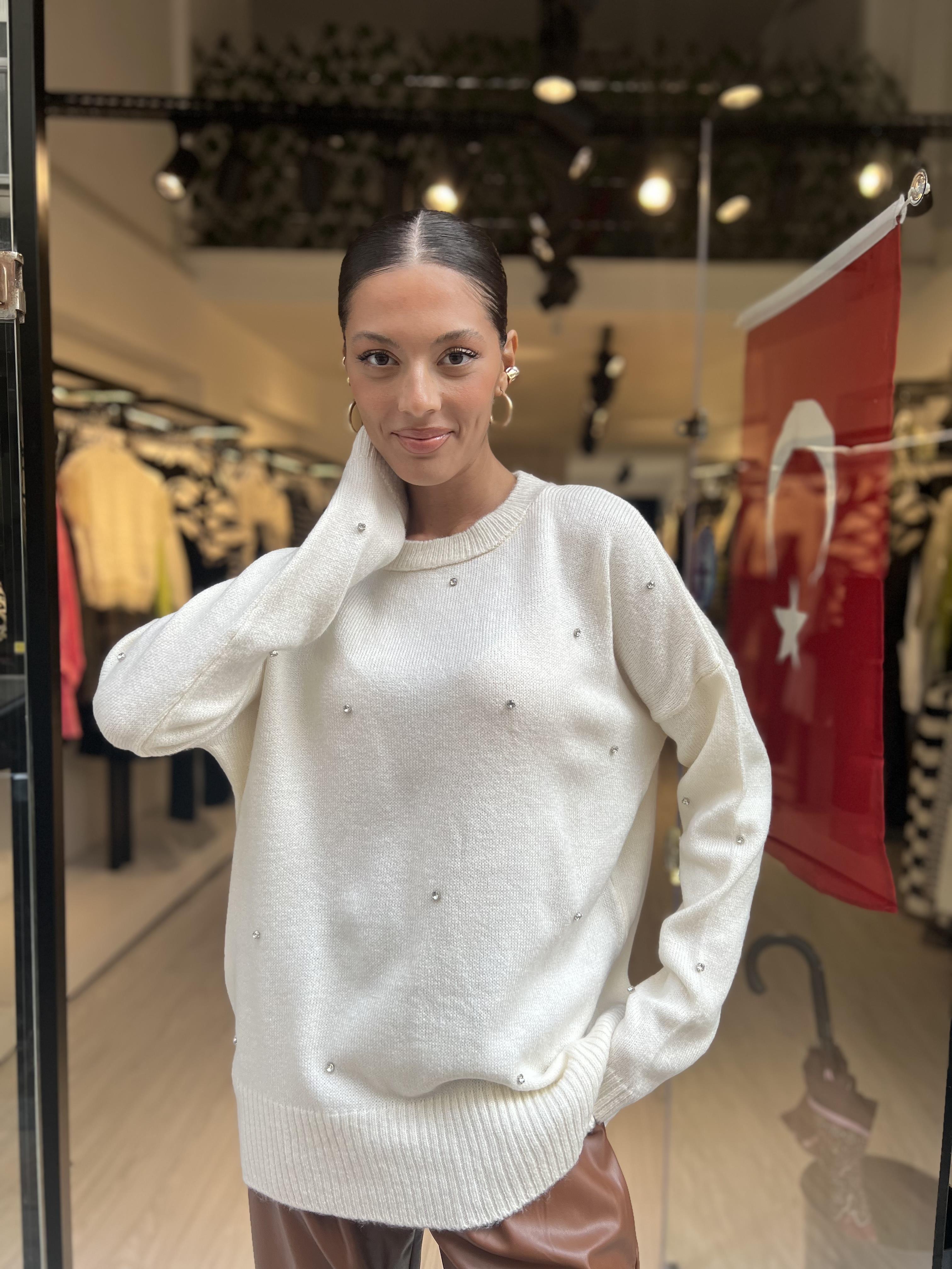 Taşlı Bisiklet Yaka Kazak-Krem