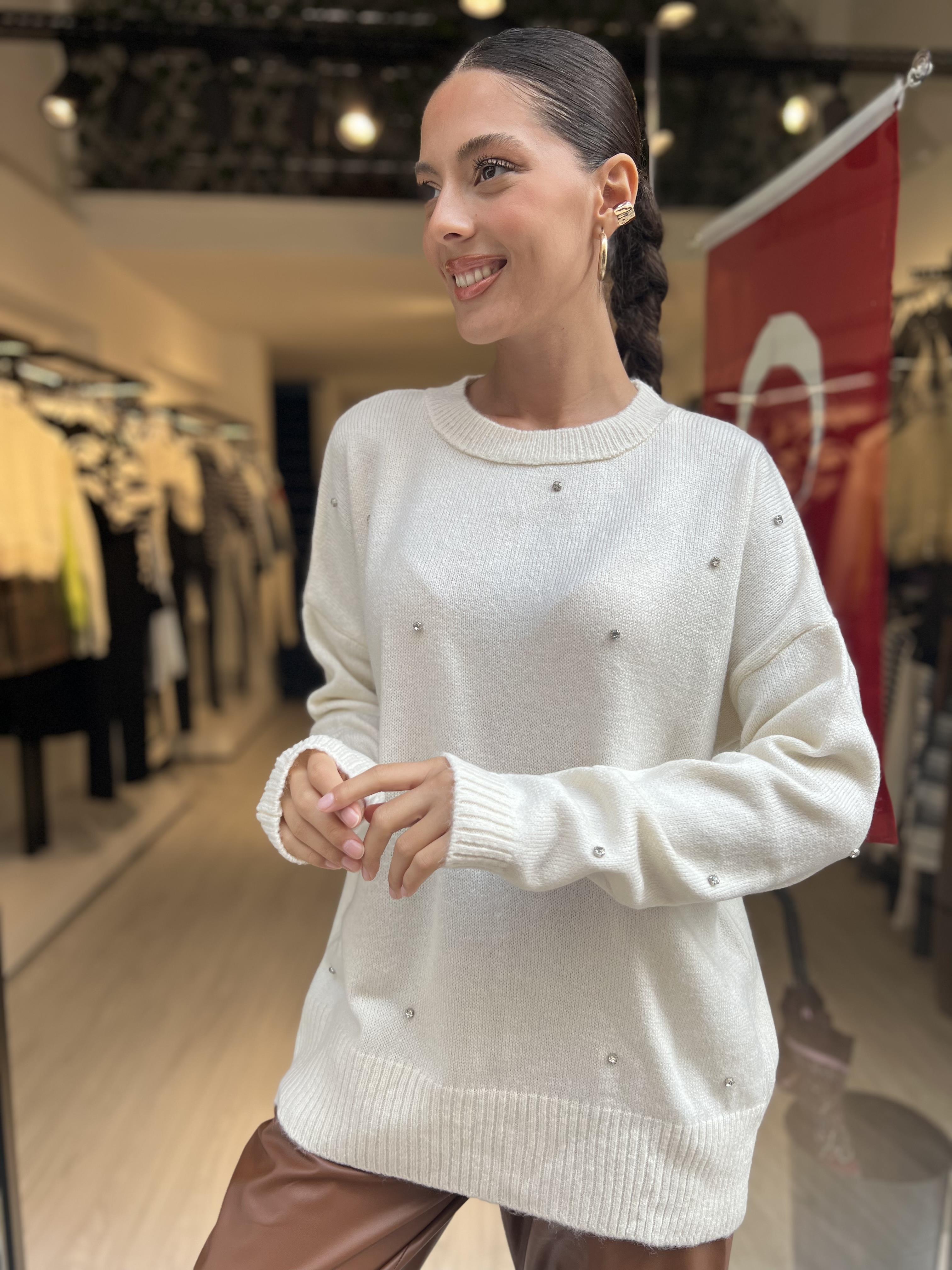 Taşlı Bisiklet Yaka Kazak-Krem