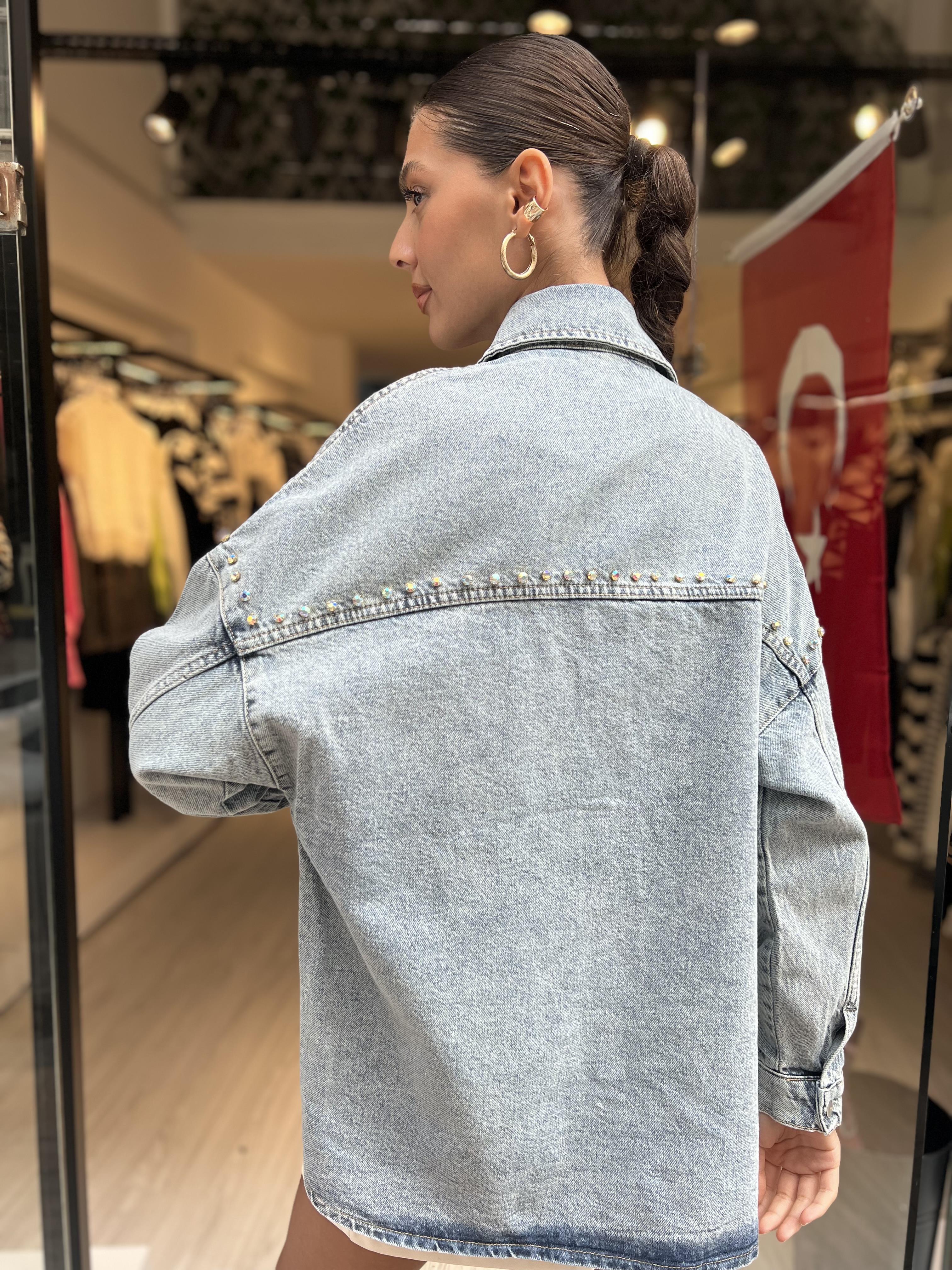 Taşlı Kot Gömlek-Mavi