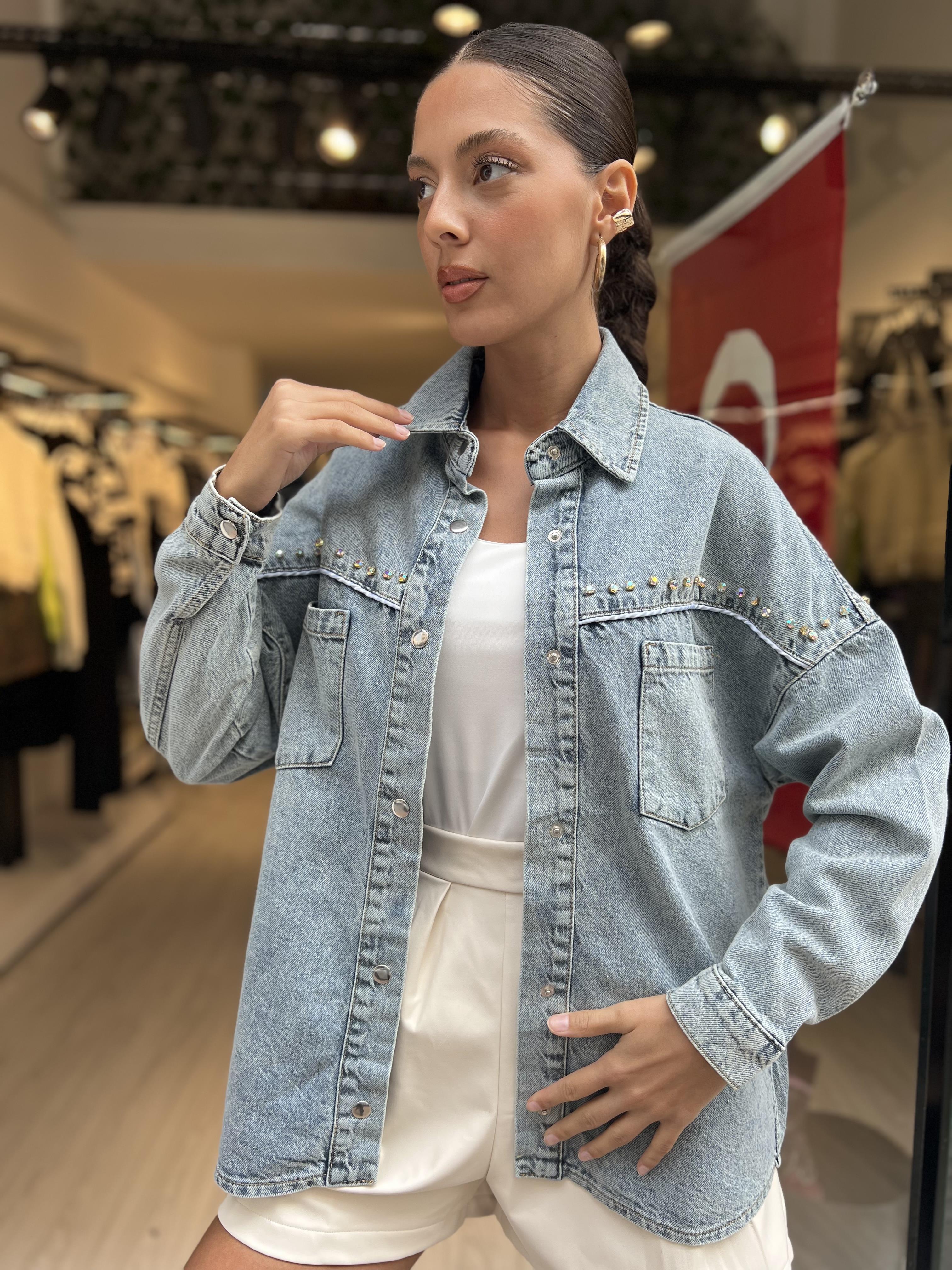 Taşlı Kot Gömlek-Mavi