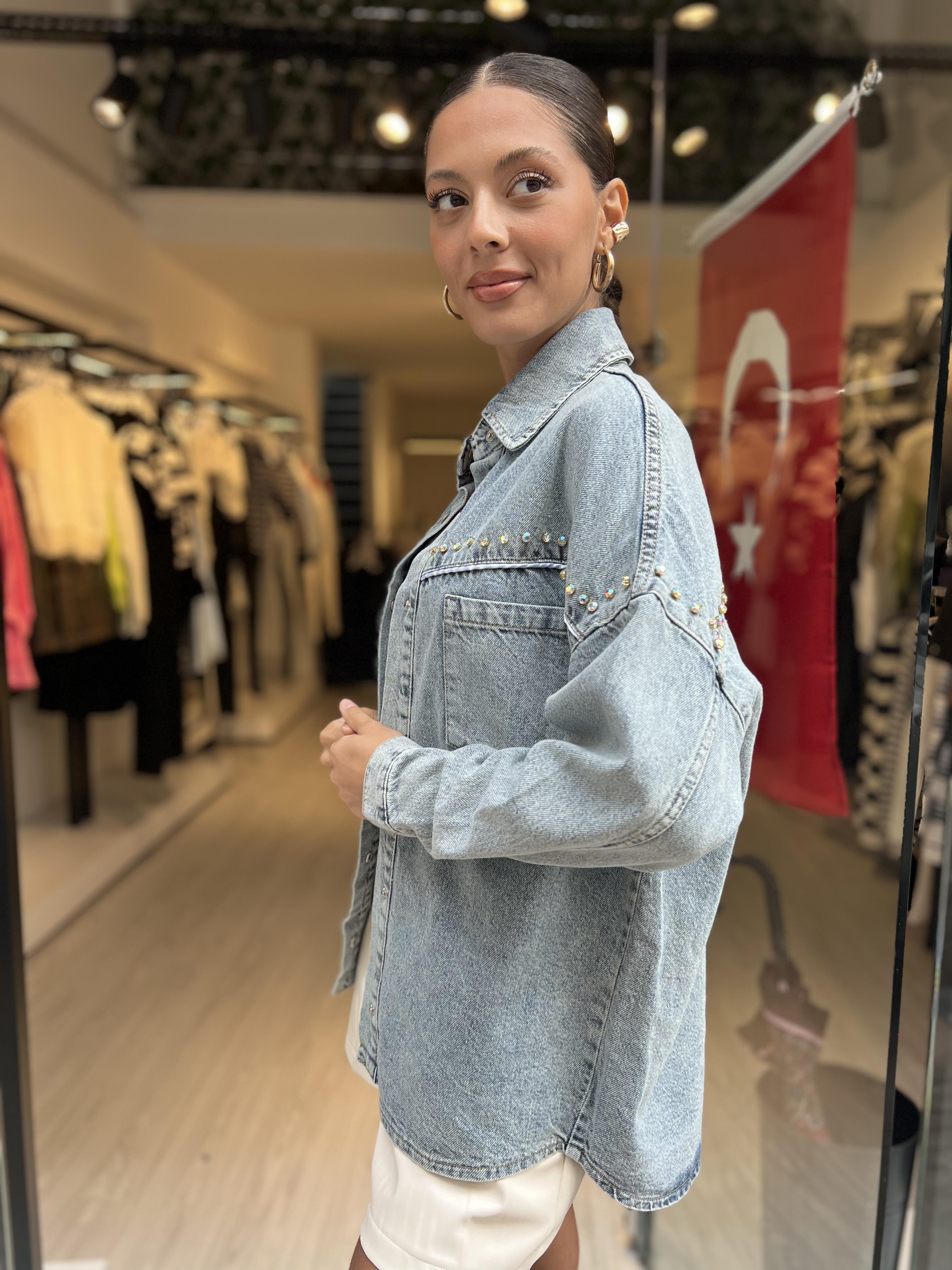 Taşlı Kot Gömlek-Mavi