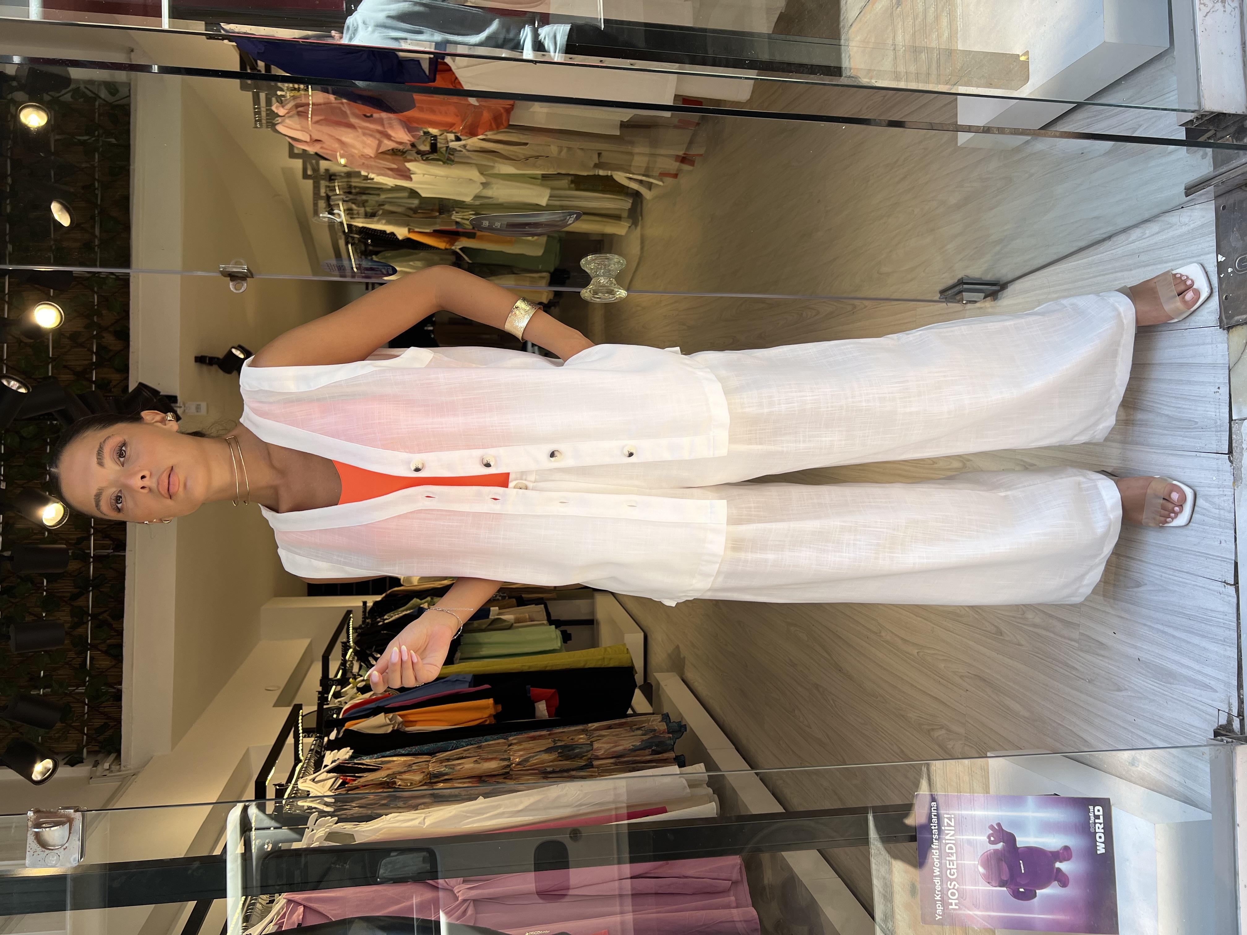 Uzun Keten Yelek Takım -Beyaz