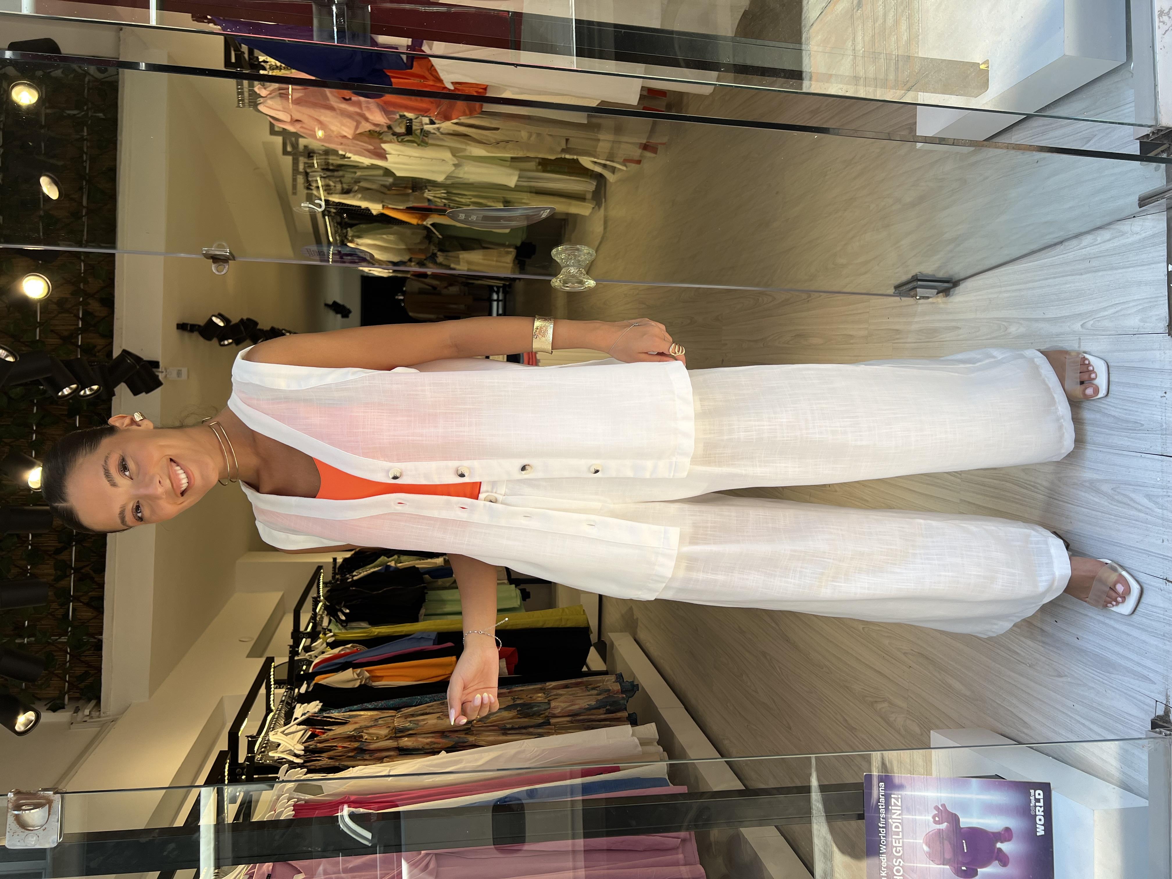 Uzun Keten Yelek Takım -Beyaz