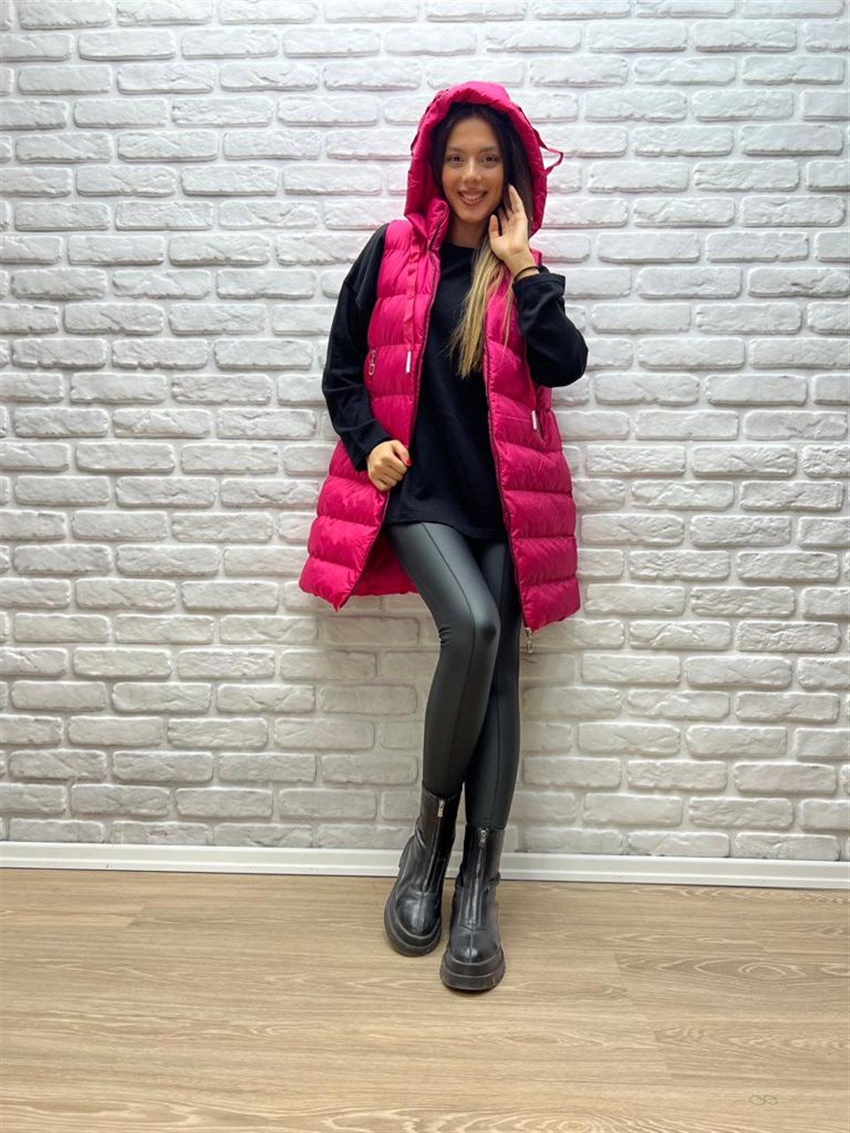 Uzun Şişme Yelek Pembe