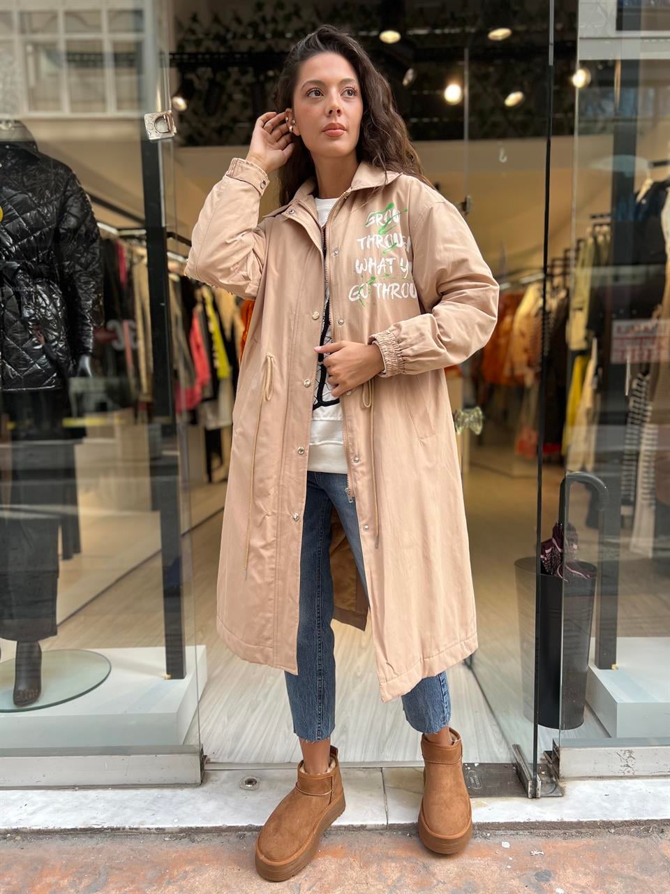 Yazılı Trenç-Camel