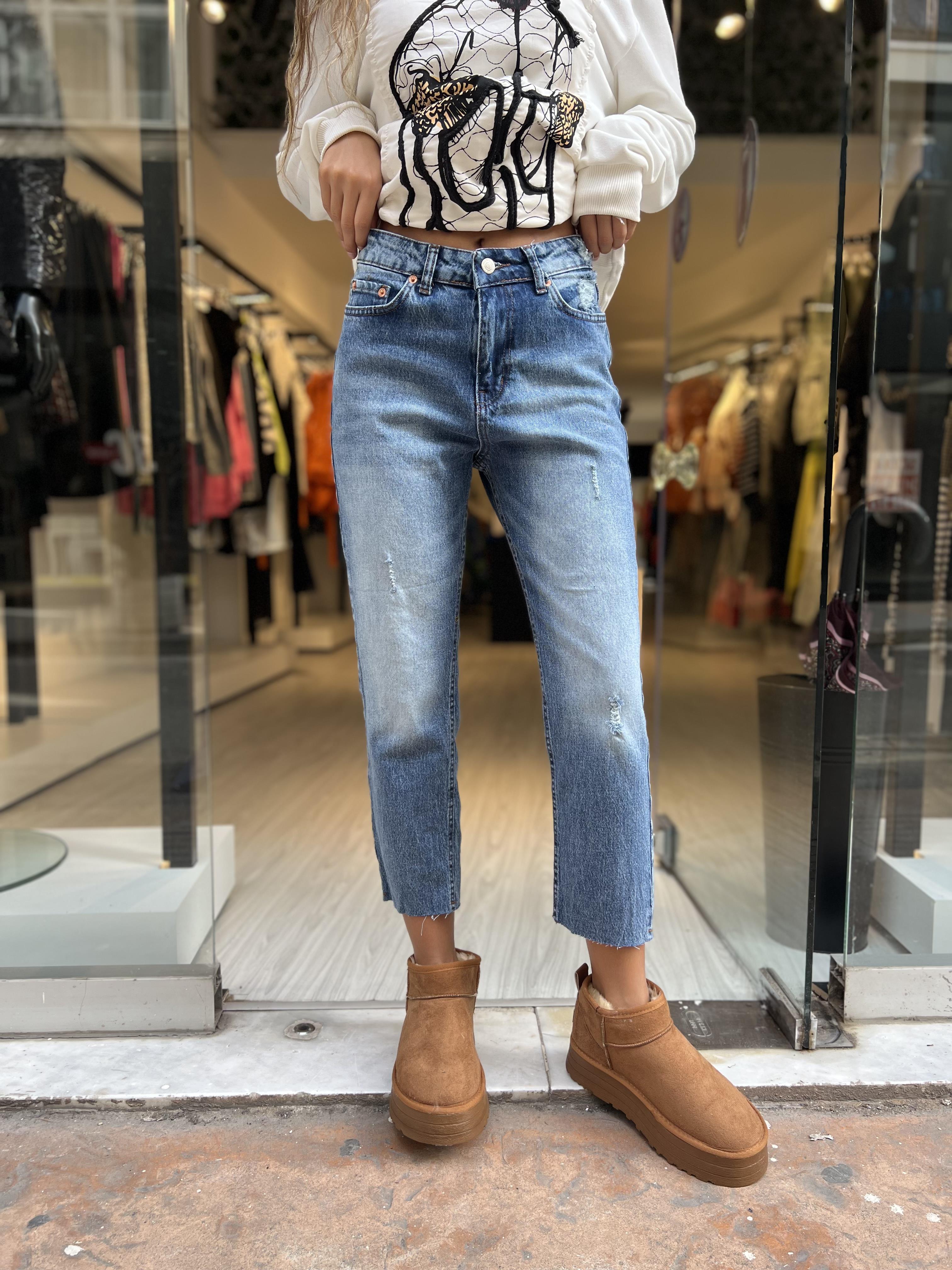 Yıpratmalı Mom Jean-Koyu Mavi