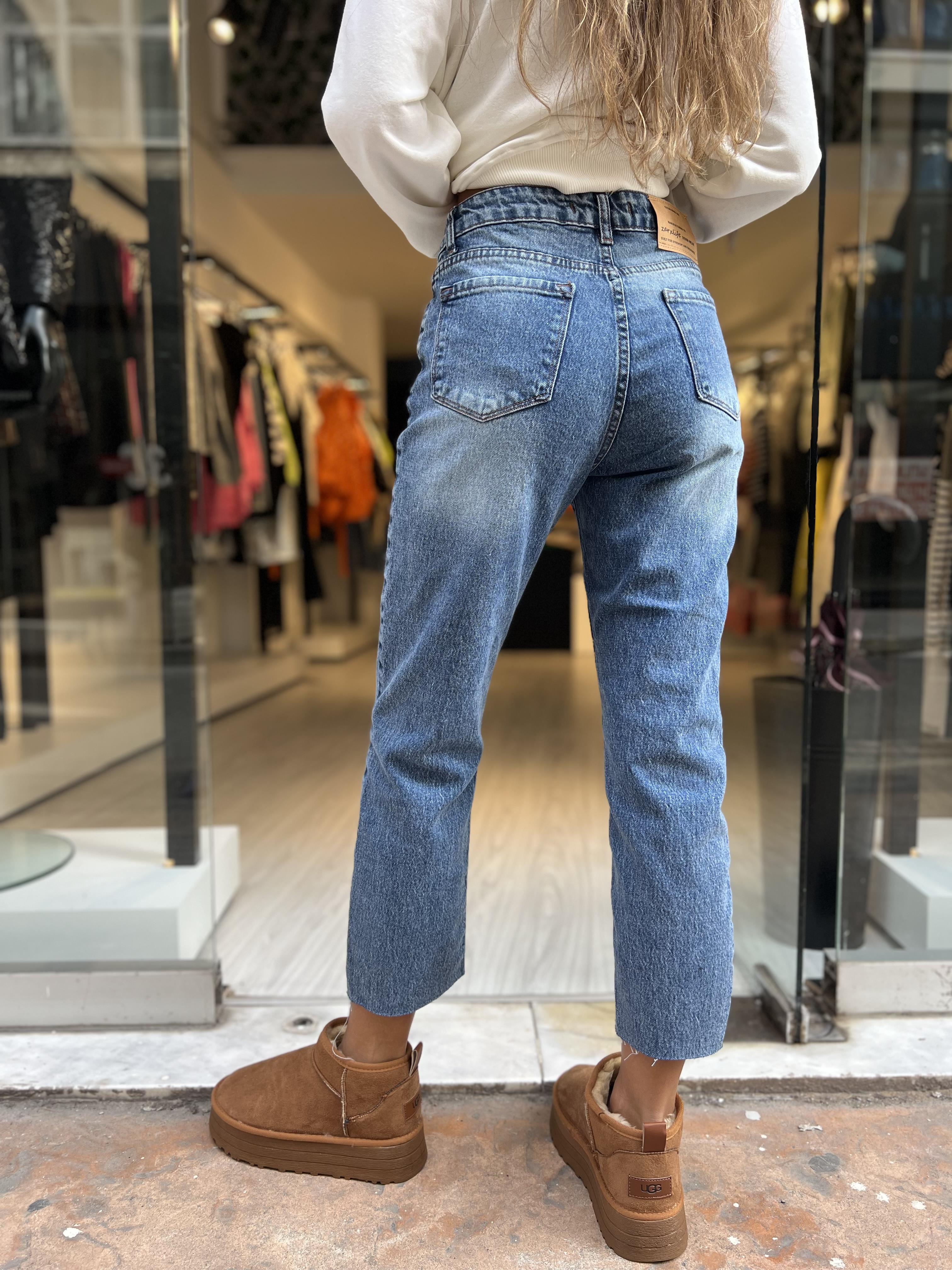 Yıpratmalı Mom Jean-Koyu Mavi