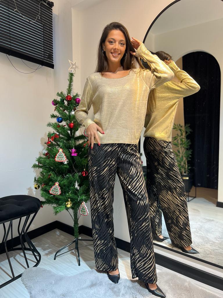 Zebra Bol Paça Saten Pantolon-Siyah