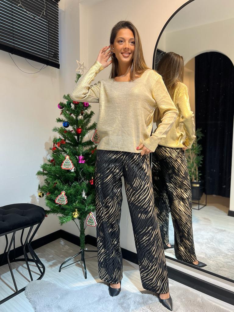 Zebra Bol Paça Saten Pantolon-Siyah