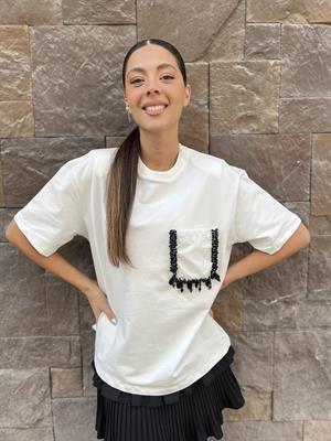 Cep Detaylı Vatkalı Tişört-Ekru