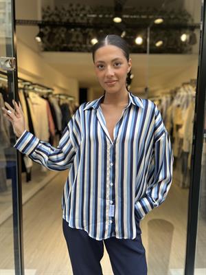 Çizgi Desen Saten Gömlek-lacivert