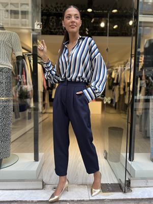 Çizgi Desen Saten Gömlek-lacivert