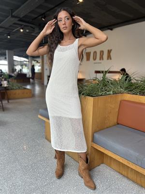 Dilvin Askılı Ajurlu Elbise-Ekru